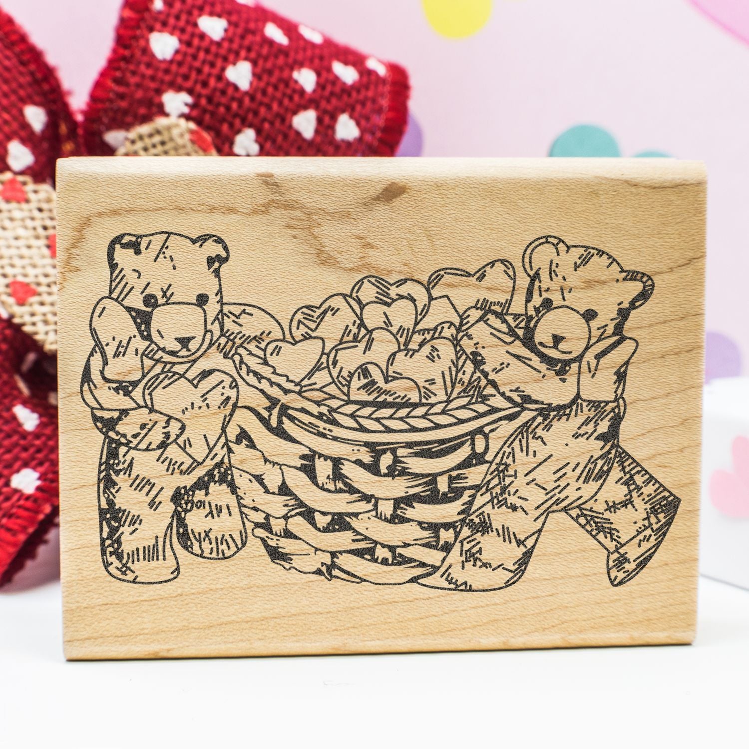 Wooden teddy bear heart basket stamp for Valentines Day craft and gift making