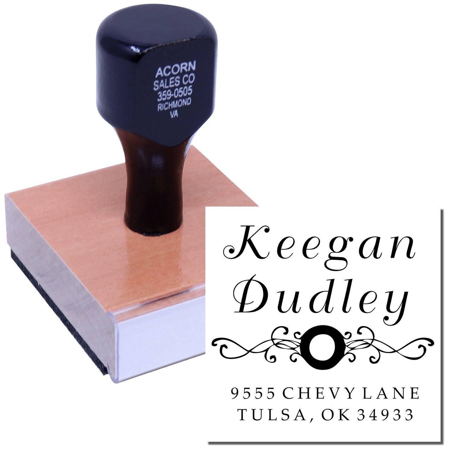 Custom self-inking rubber return address stamp featuring Keegan Dudley, Tulsa OK address for personalized mail use.