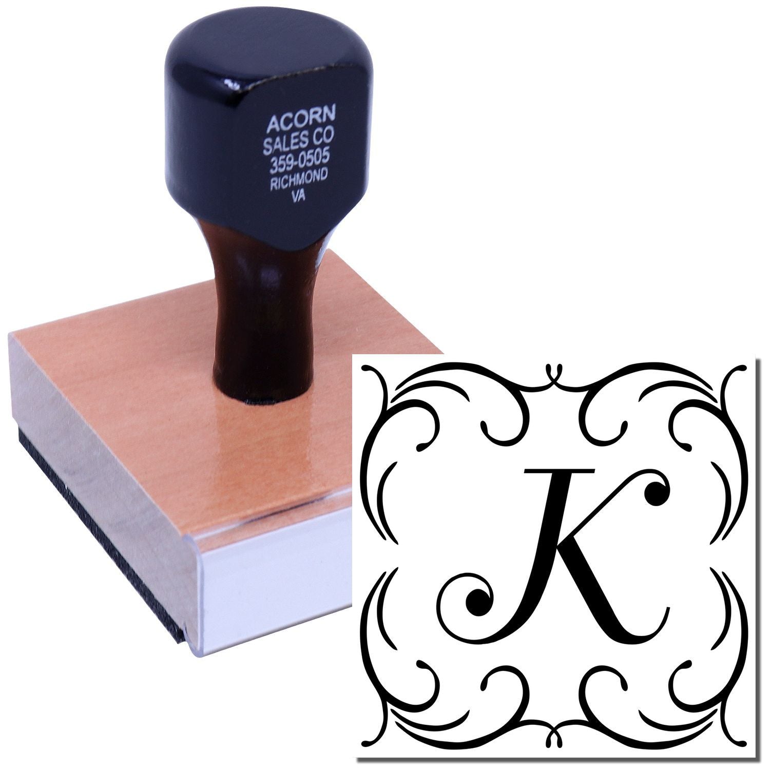 Custom monogram K rubber stamp with ornate initial design for personalized stationery, branding, or wedding favors.