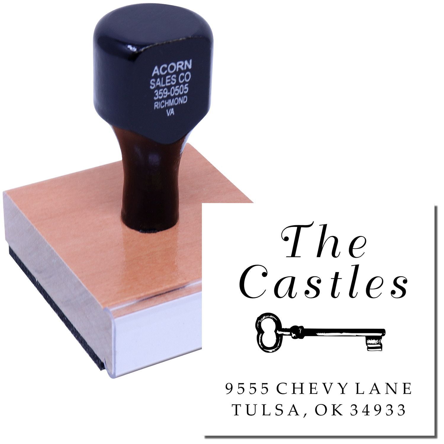Custom rubber address stamp for The Castles with key graphic and Tulsa, OK 34933 return address.
