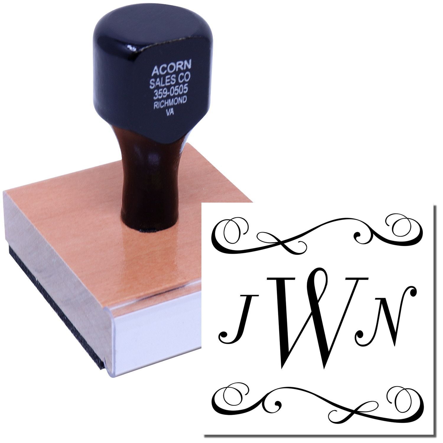Custom monogram rubber stamp with decorative JW initials and flourishes, shown on a self-inking stamp mount.