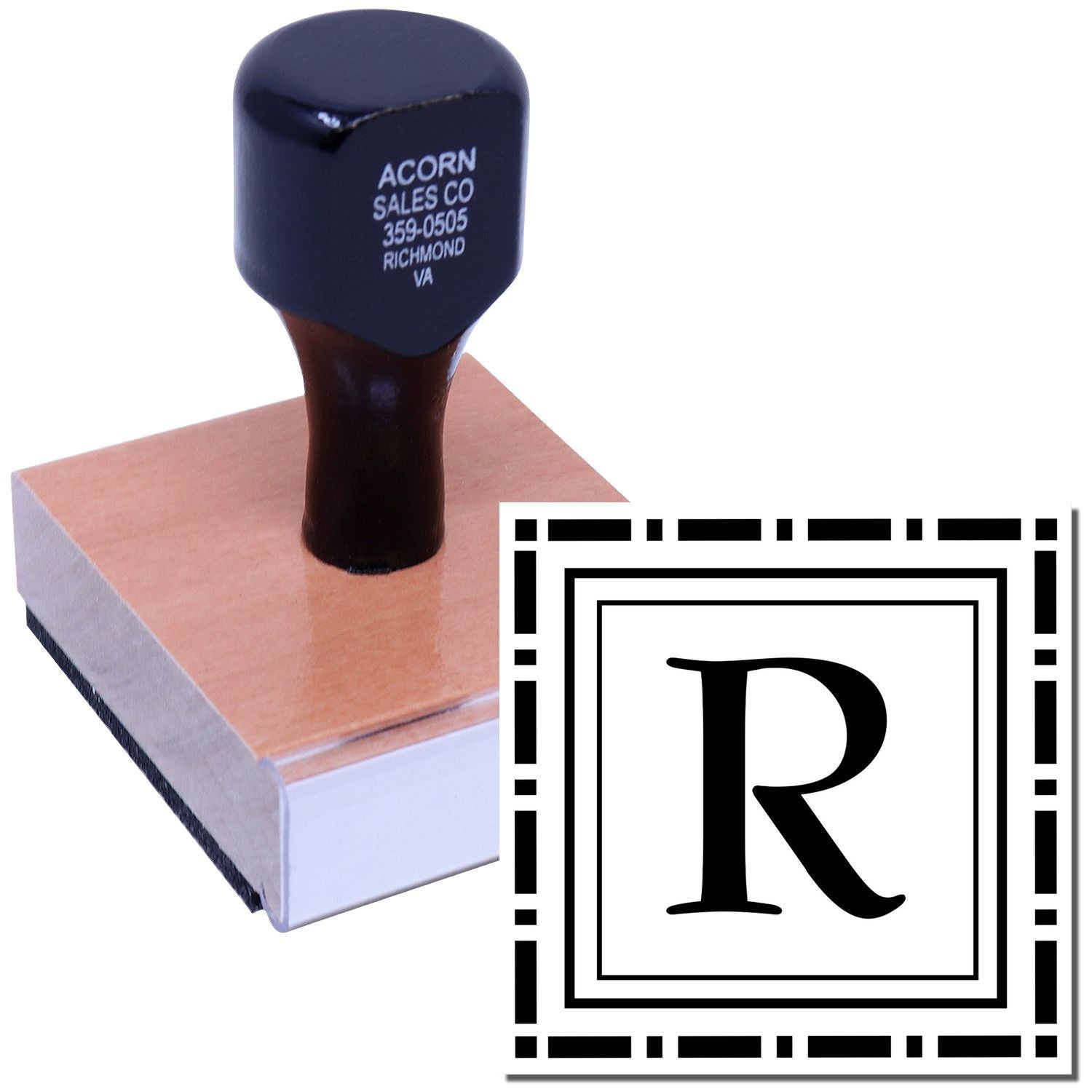Custom rubber stamp with monogram R for personalized business and office branding.