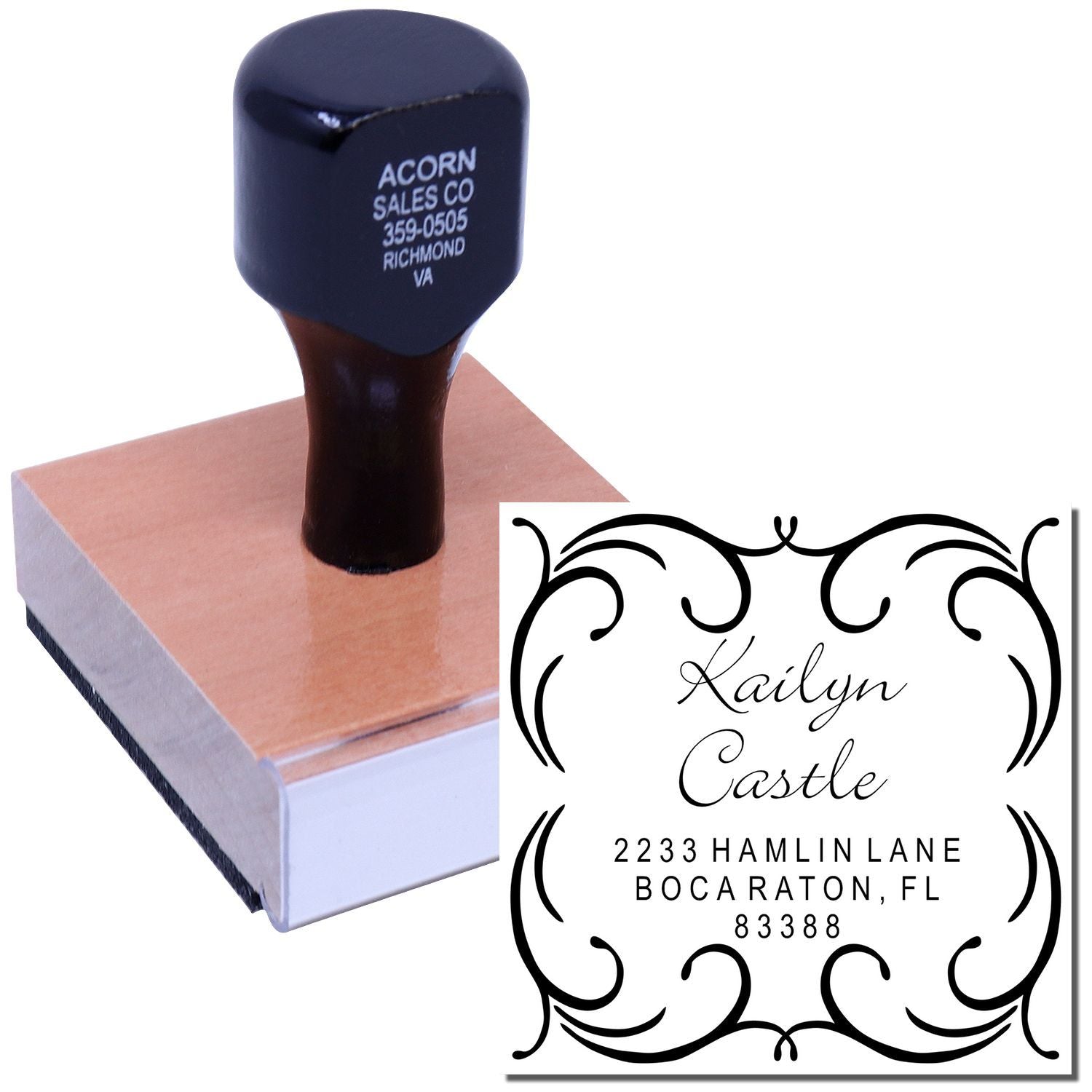 Custom rubber address stamp with decorative monogram and name for personalized mailing, wedding invitations, or business use.
