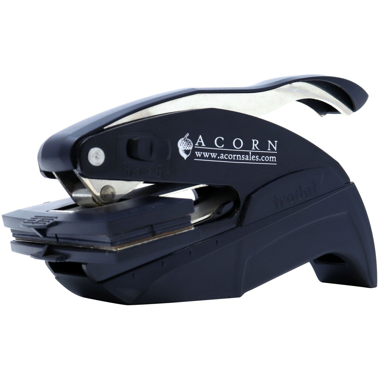 Black Acorn heavy-duty stapler on white background, office desktop stapling tool with ergonomic handle.