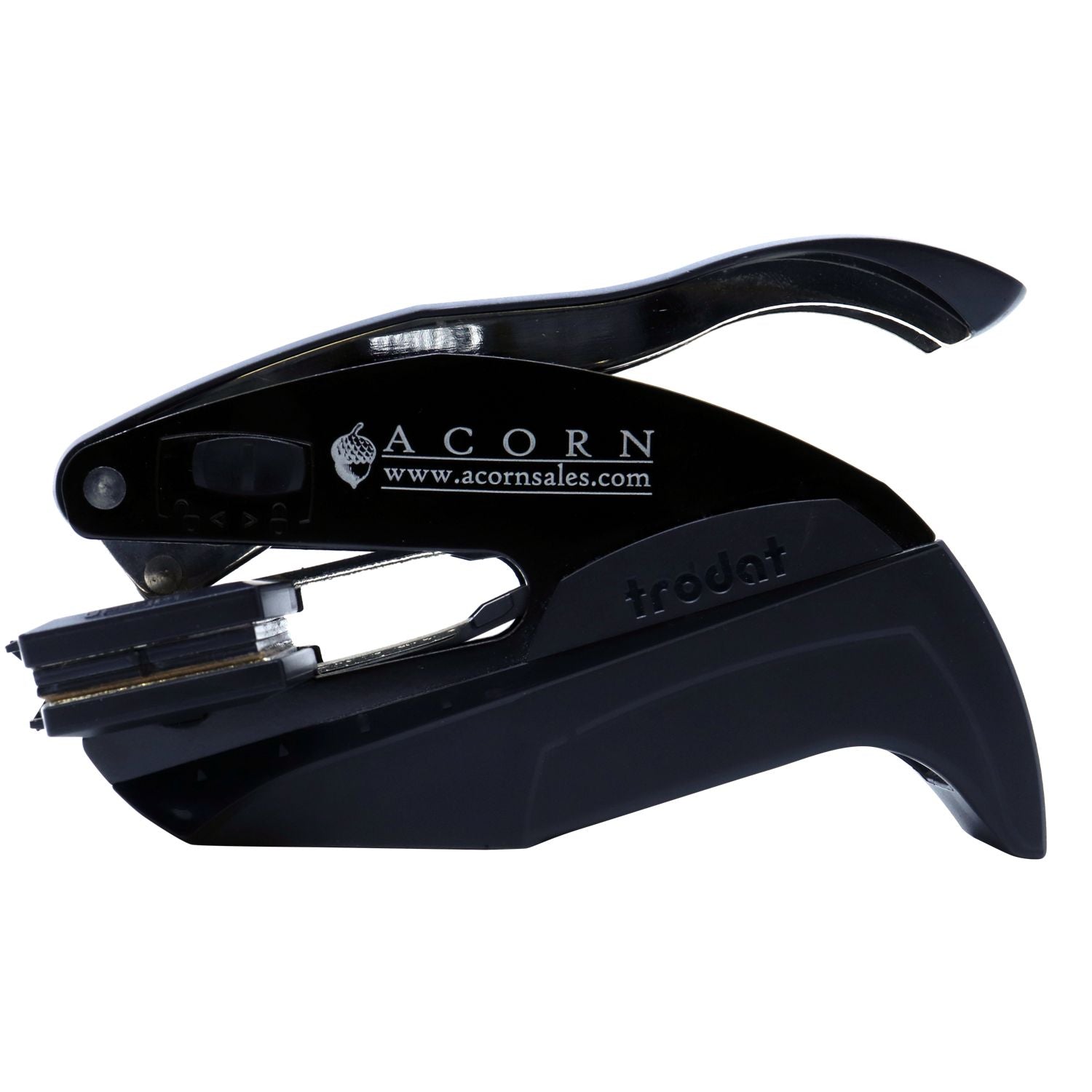 Black heavy-duty stapler by Acorn and Trodat on a white background