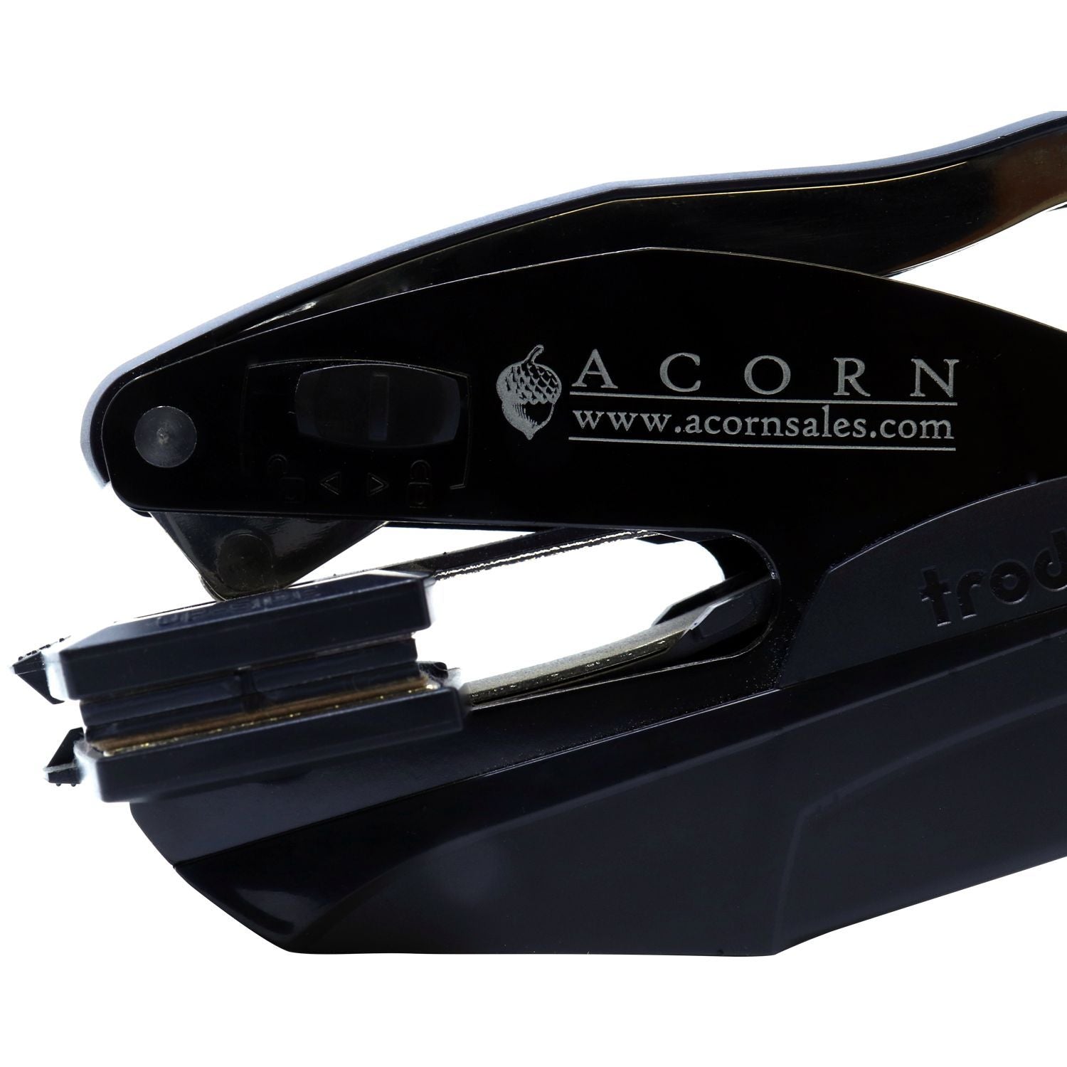 Black Acorn heavy-duty stapler close-up on a white background.