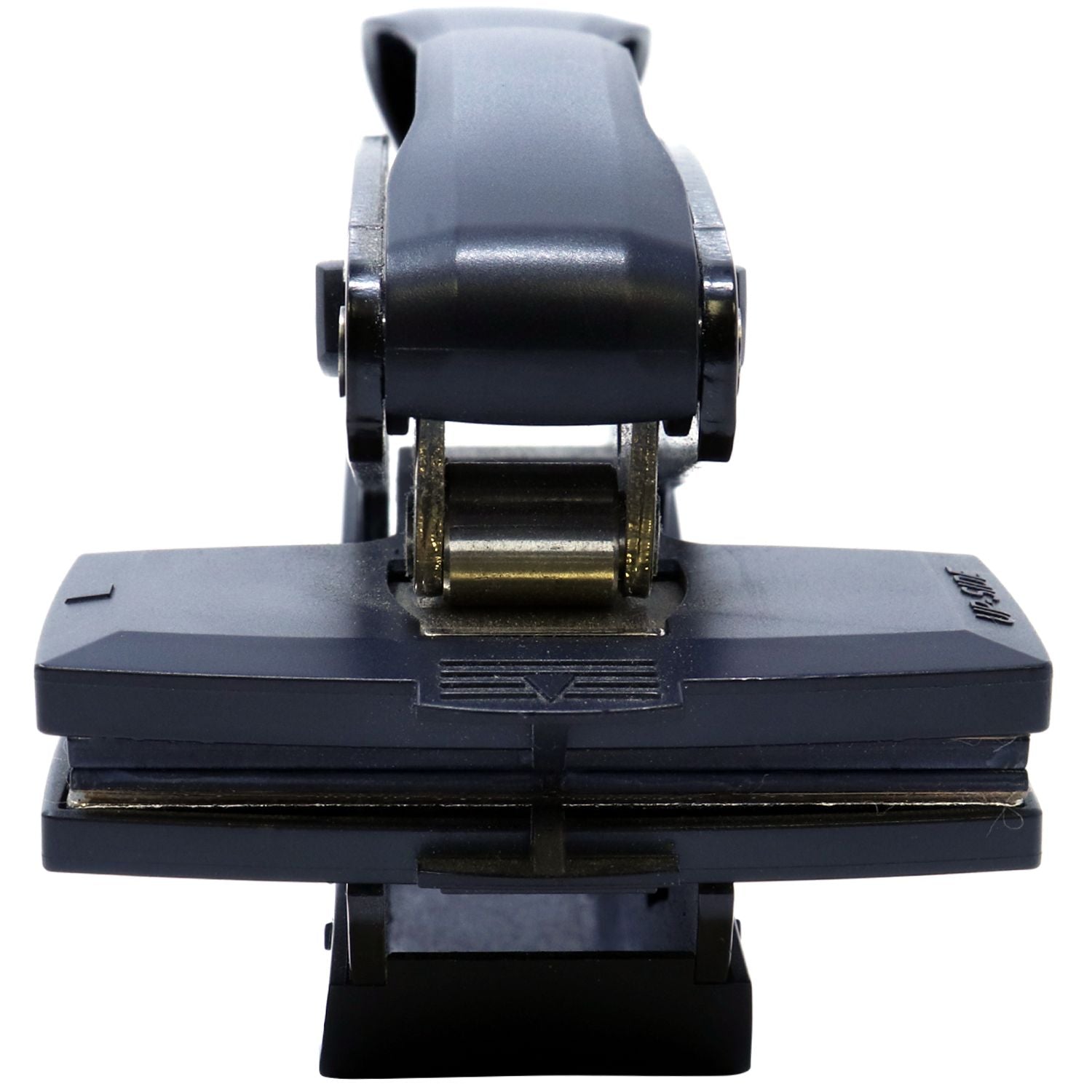 Close-up of a black plastic and metal hinged clamp mechanism on a white background.