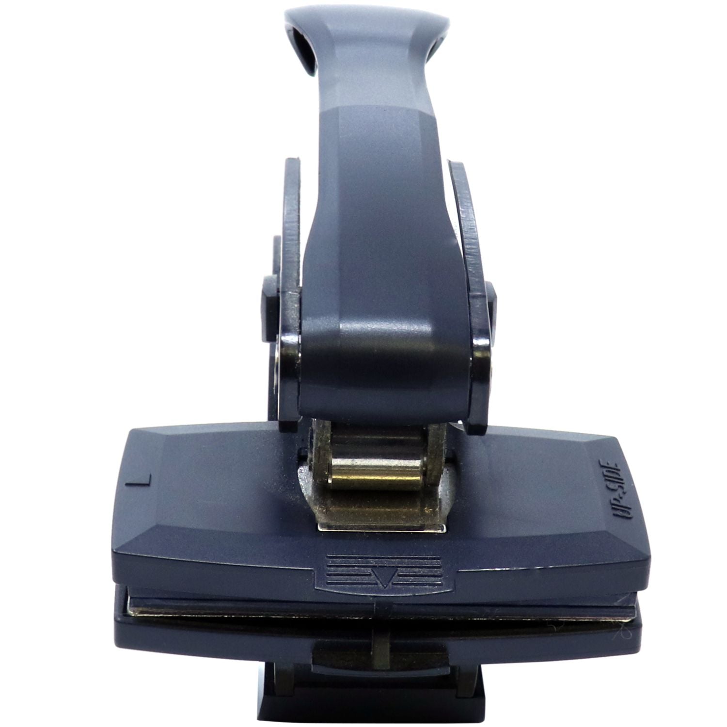 Black heavy-duty office hole punch with lever handle on a white background.