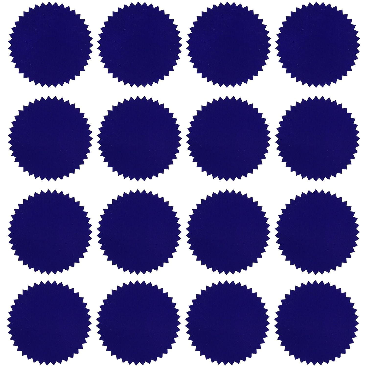 Pattern of dark blue scalloped circular badges arranged in a grid on a white background