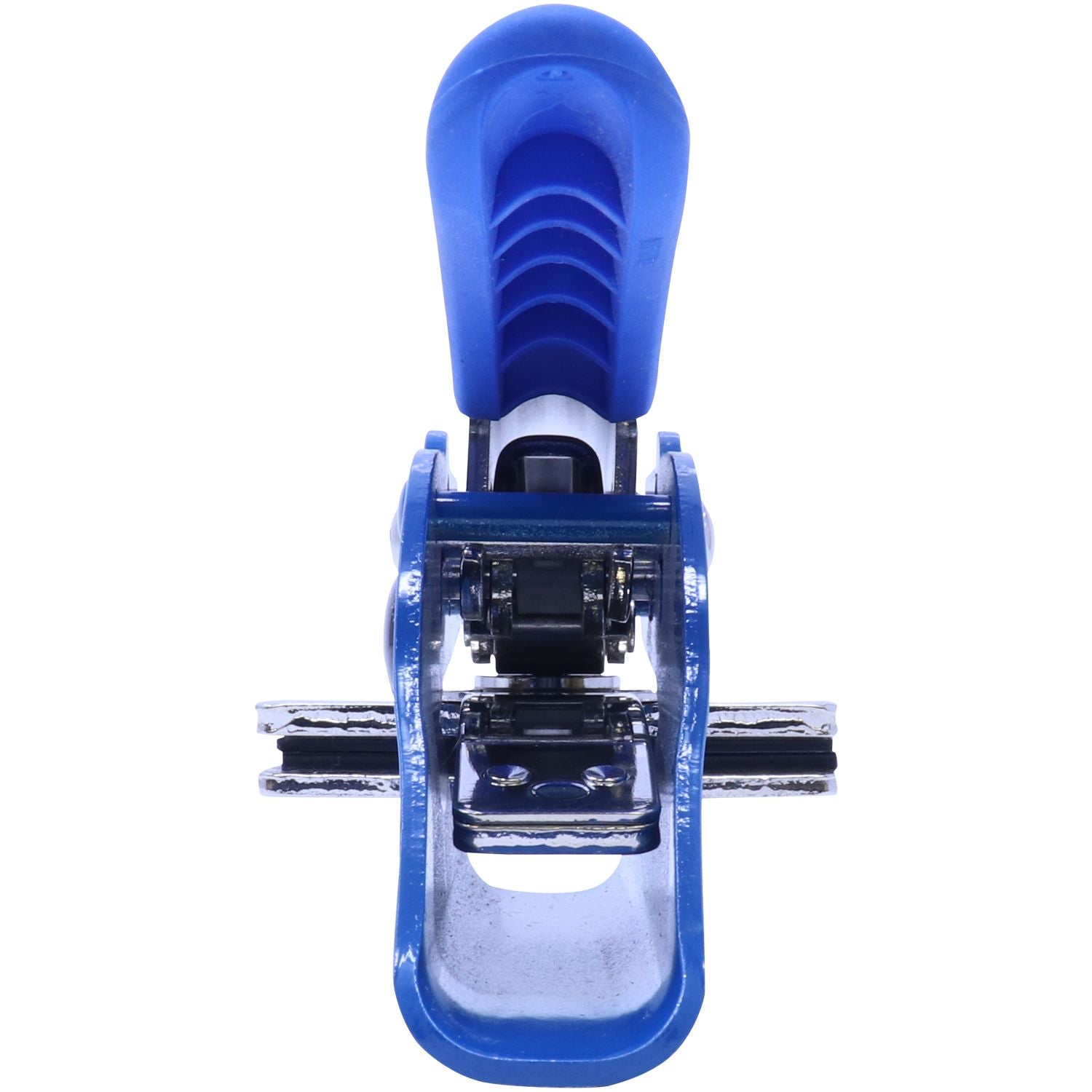 Blue and black heavy-duty spring clamp with plastic handle isolated on a white background