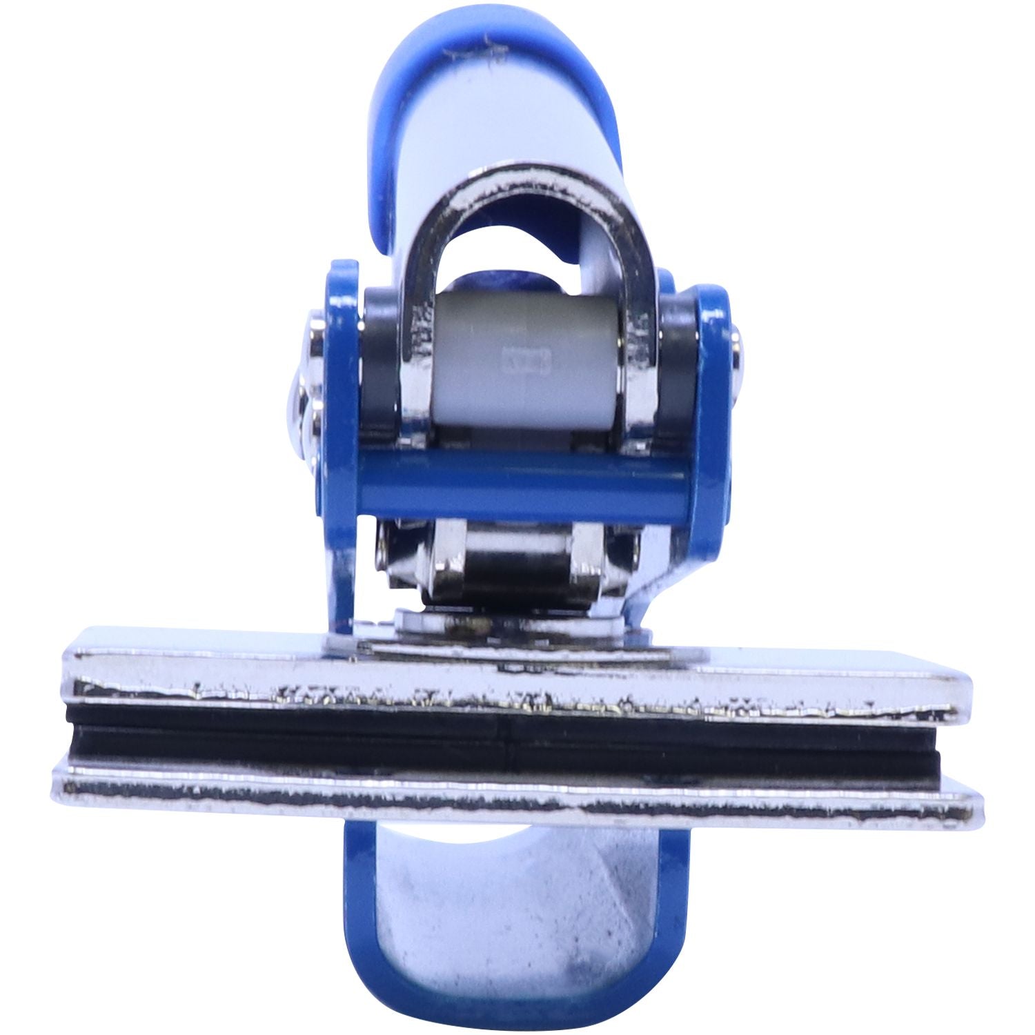 Blue and silver heavy-duty cable roller pulley with steel frame and rubber wheel for industrial and marine applications