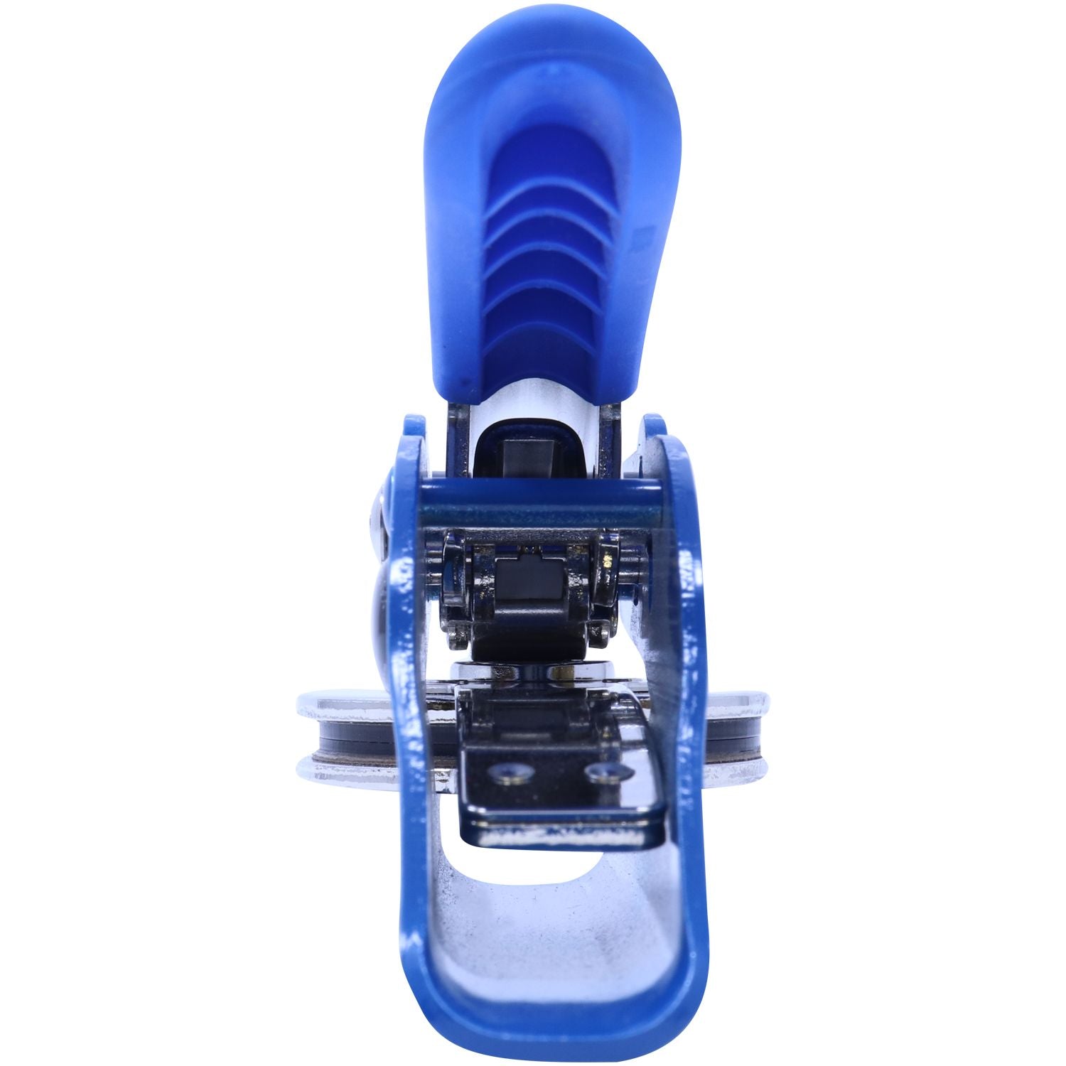 Blue handheld hole puncher with metal mechanism isolated on a white background.