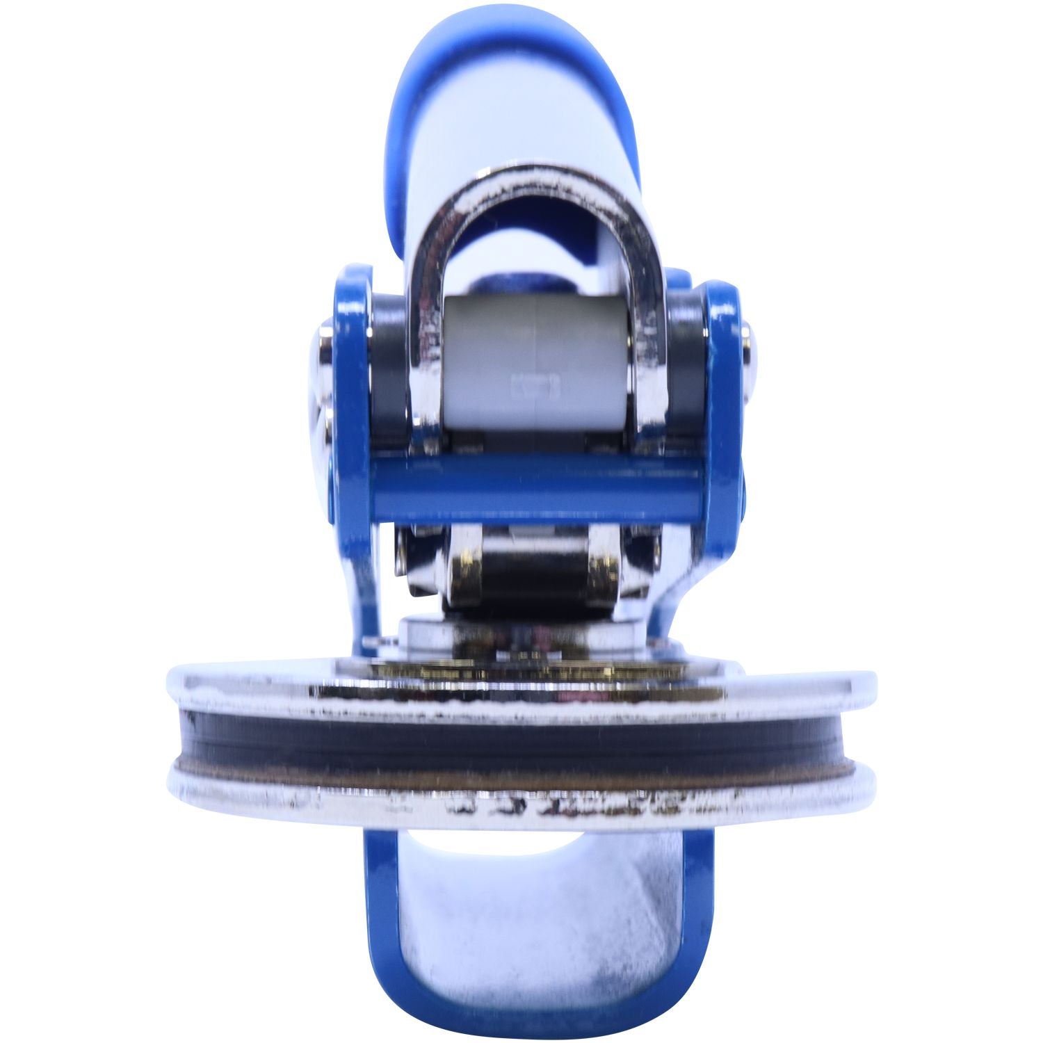 Blue and silver industrial pulley wheel isolated on white background