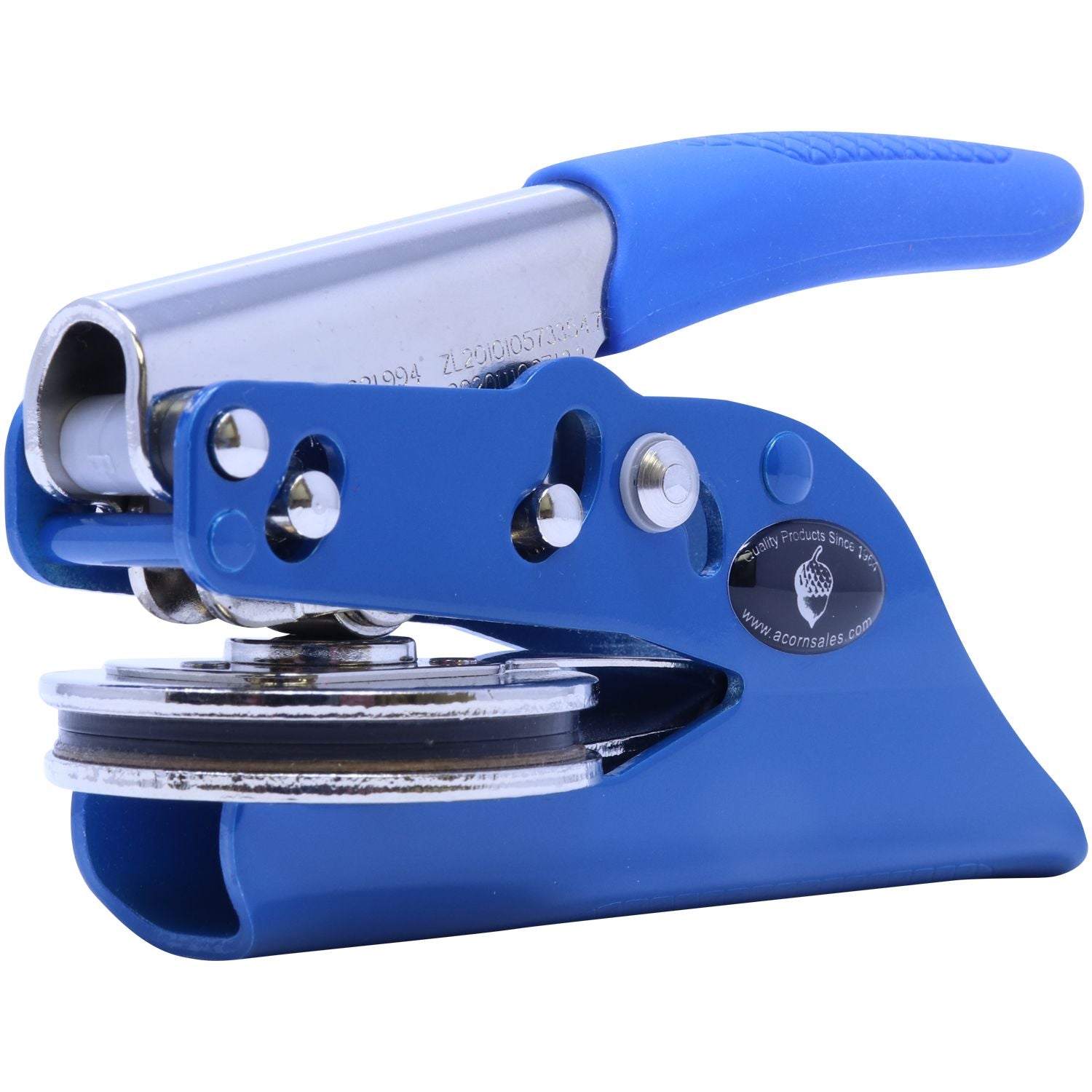 Blue handheld bottle capper tool with metal lever and crimping head on a white background.