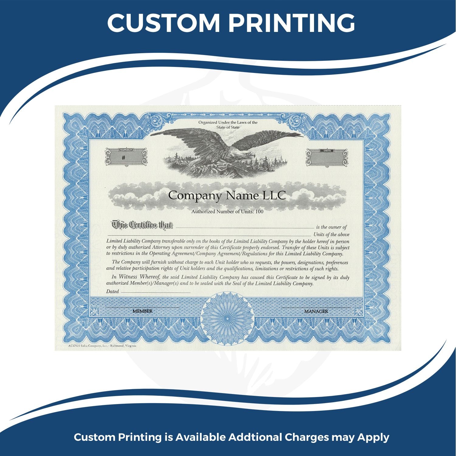 Custom printing banner featuring a blue-and-white LLC certificate template, showing company name and authorized unit details.