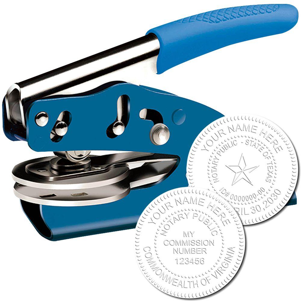 Blue self-inking notary seal embosser with custom state notary stamp impressions.
