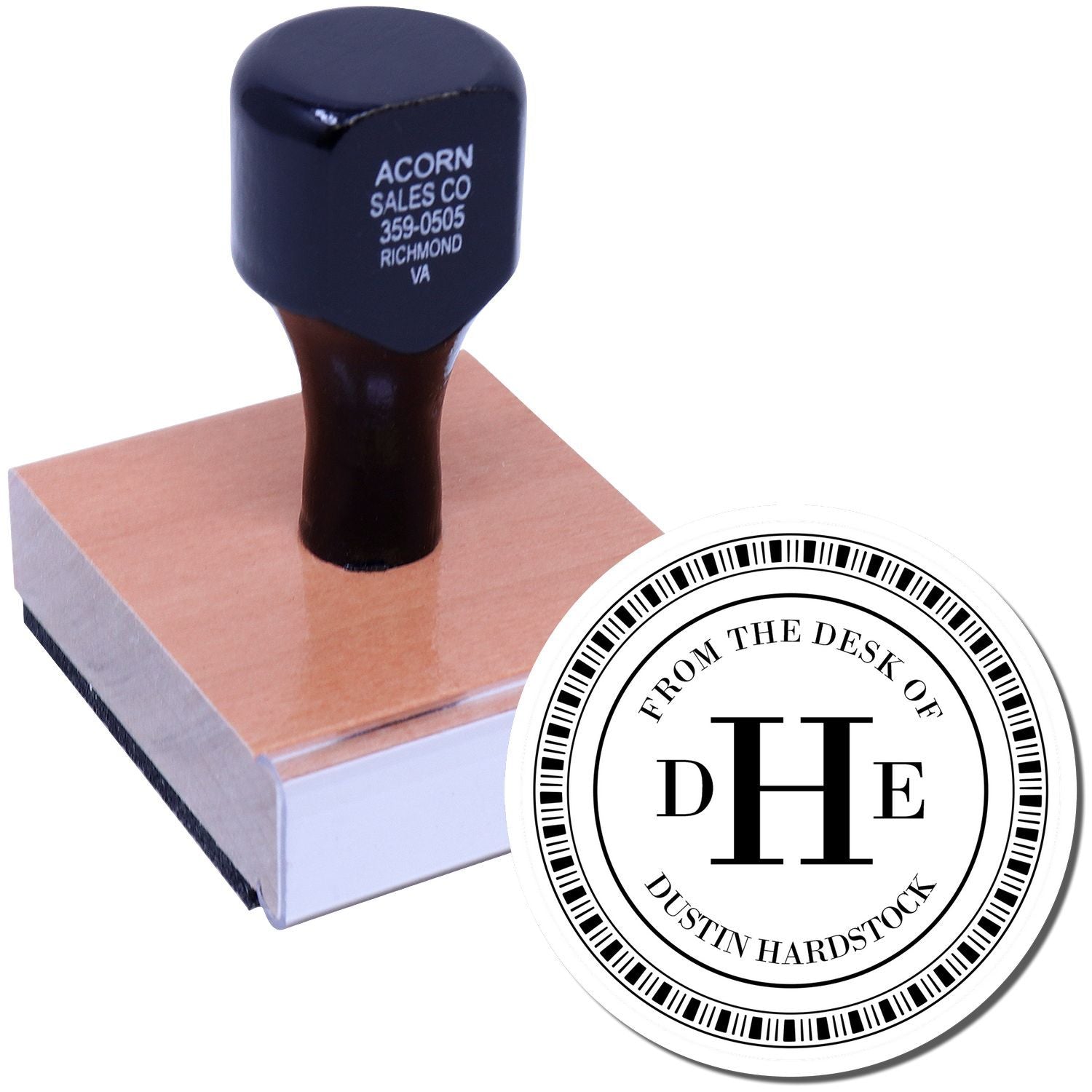 Self-inking custom rubber stamp with circular logo design for business branding and office paperwork