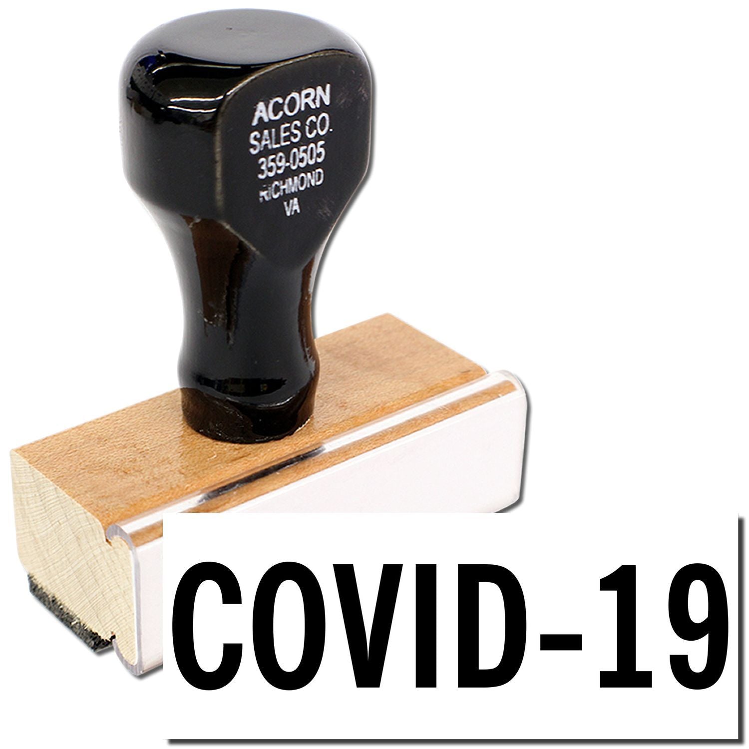 Acorn Sales Co. COVID-19 stamp with black rubber head and wooden base, Richmond VA phone 359-0505.