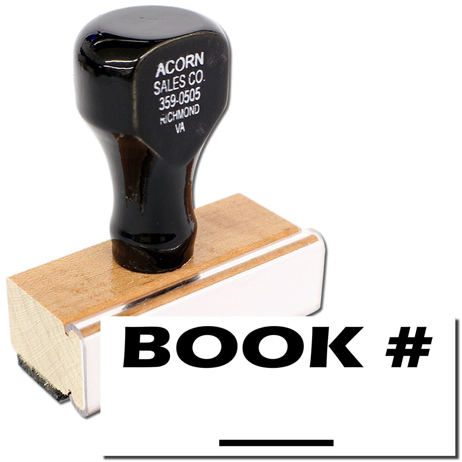 Vintage Acorn Sales Co. golf club wood head on display block, with 359-0505 Richmond contact stamp.