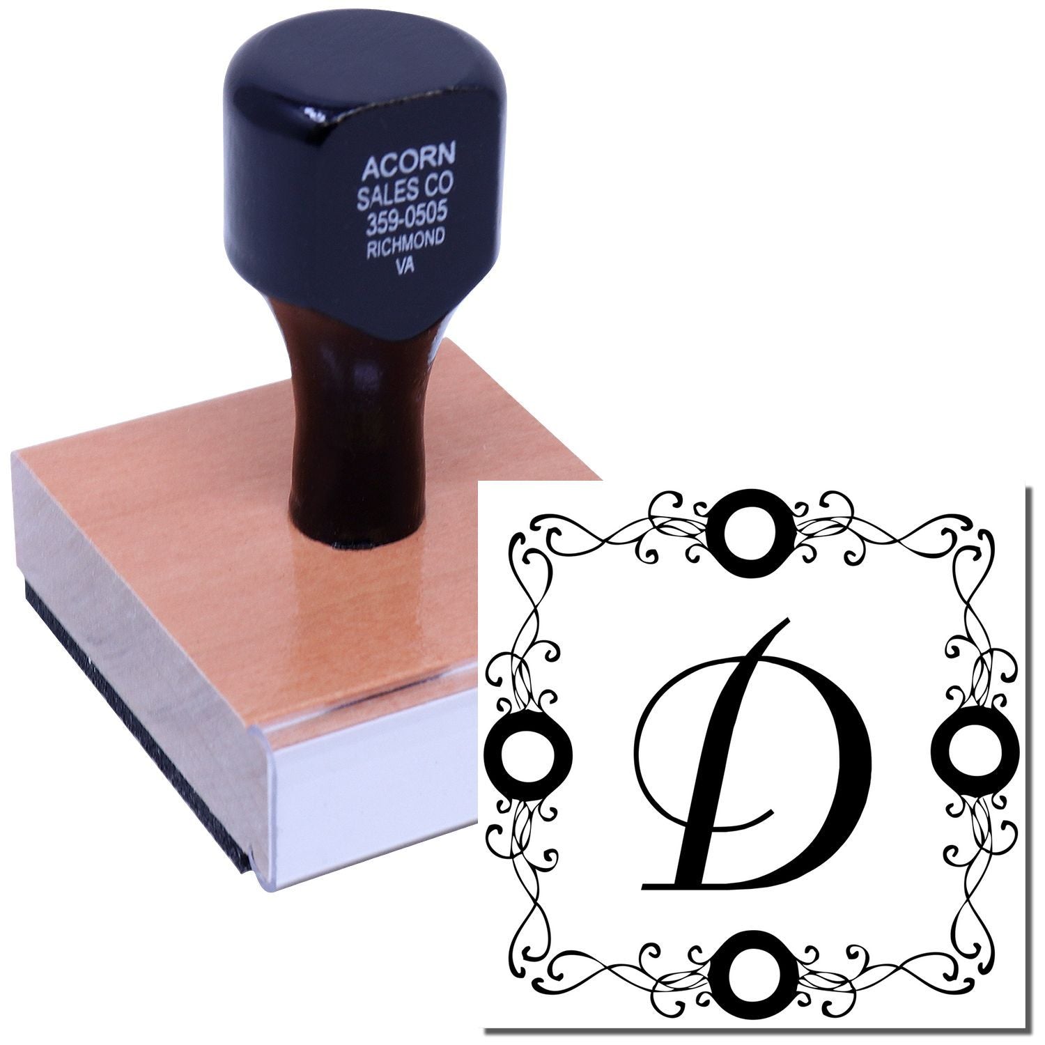 Personalized monogram D rubber stamp with ornate border for custom stationery, invitations, and branding.