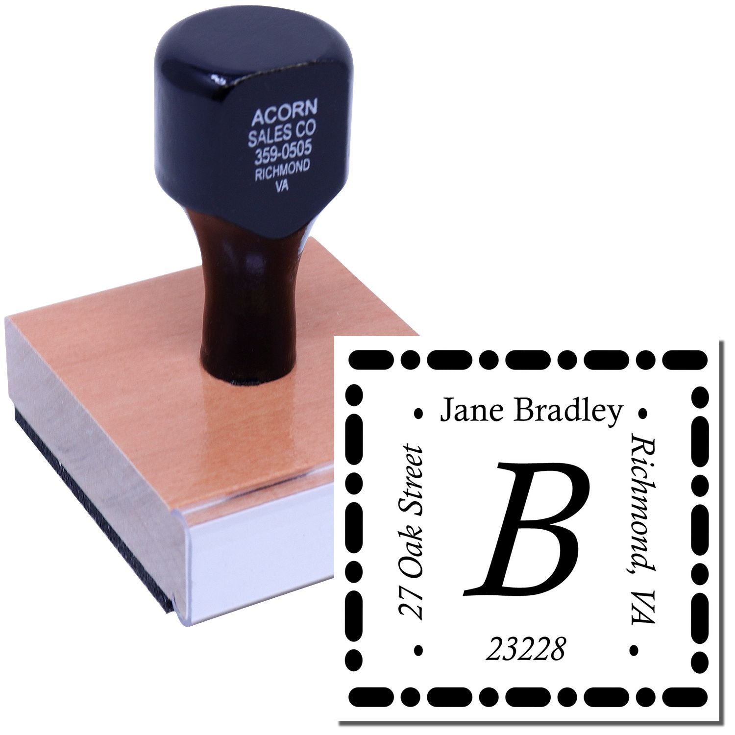 Custom address rubber stamp with monogram B and Jane Bradley address, ideal for personalized stationery and return mailing labels.