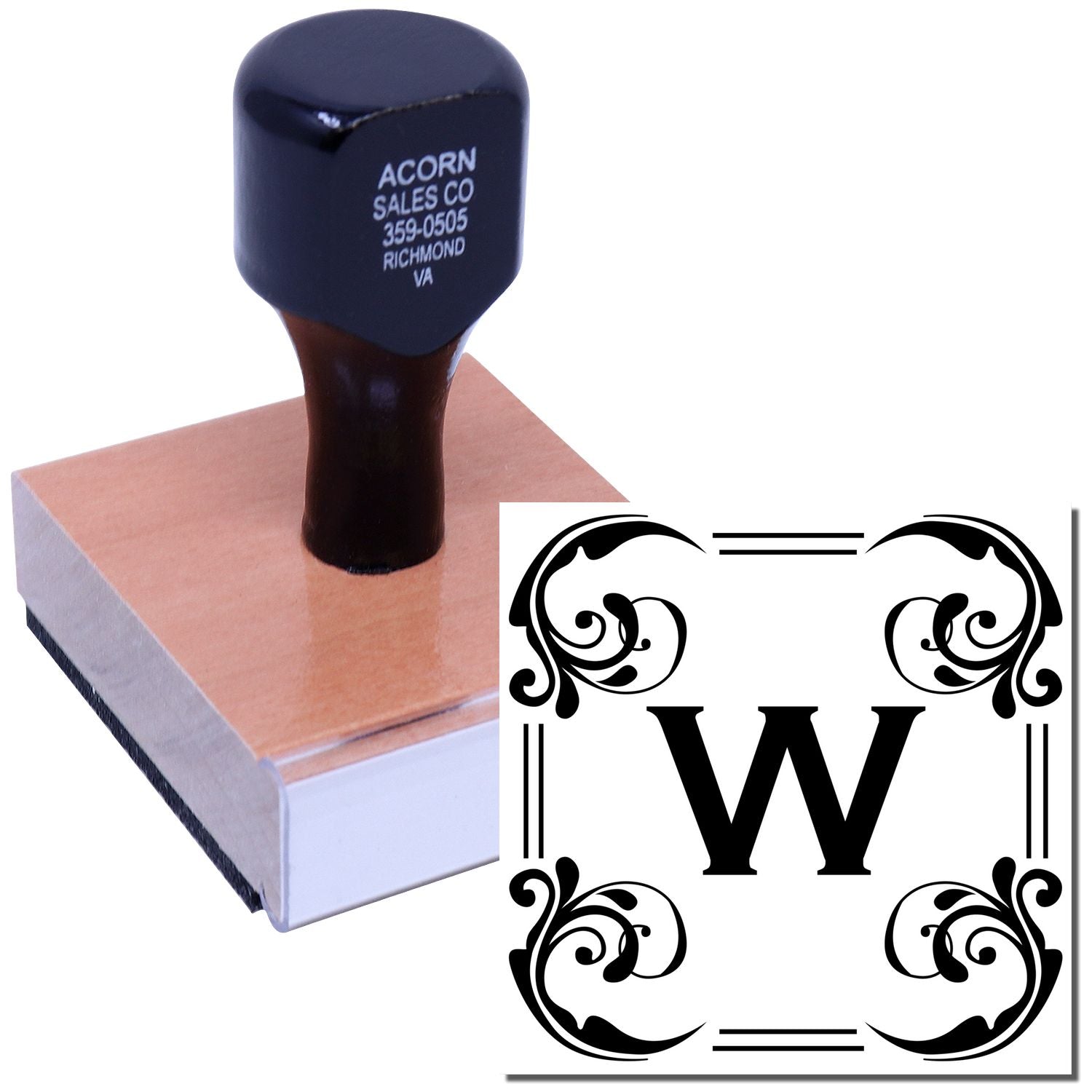 Custom monogram W rubber stamp with ornate border for personalized stationery, invitations, and branding.