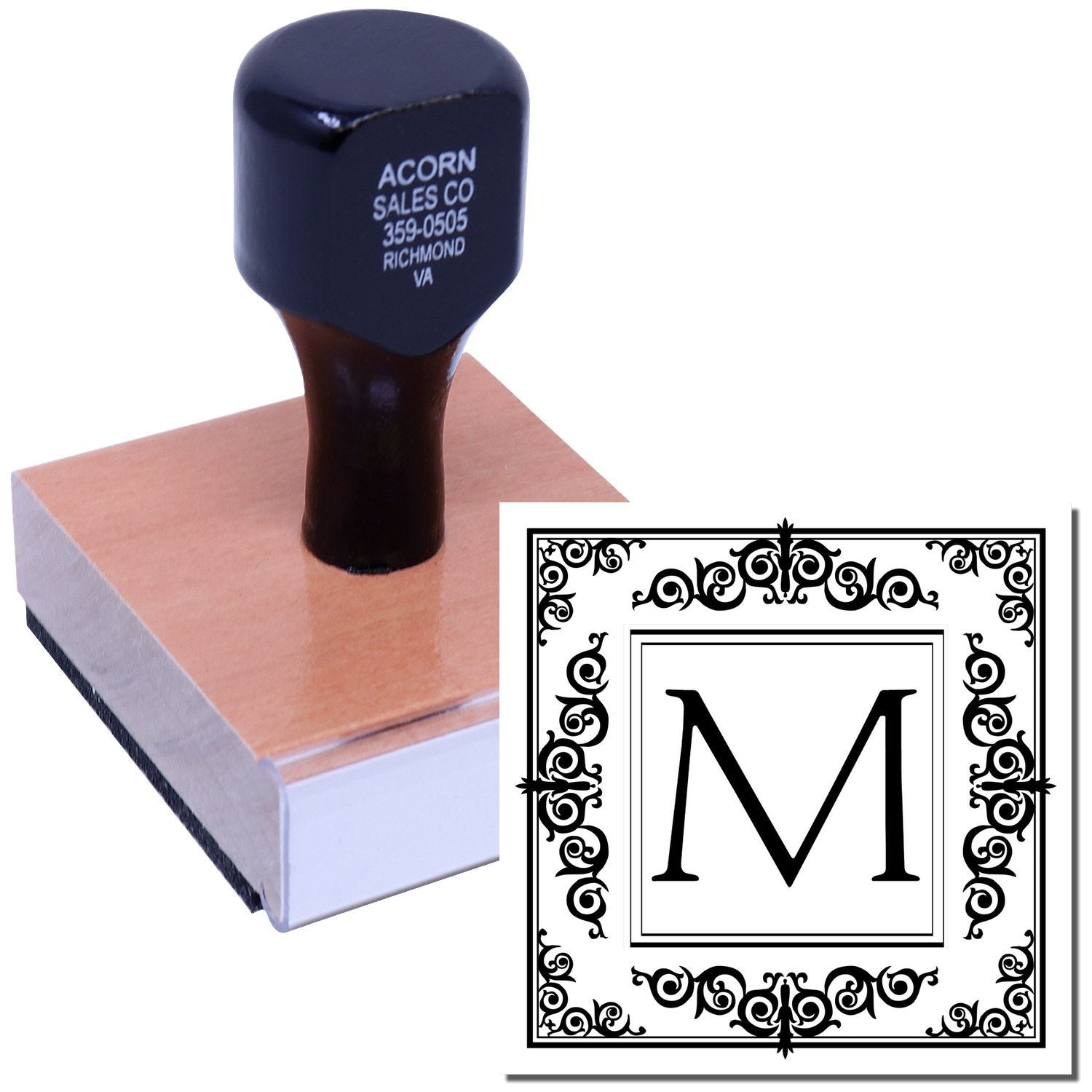 Custom monogram rubber stamp with ornate border and letter M for personalized stationery, wedding favors, and branding.