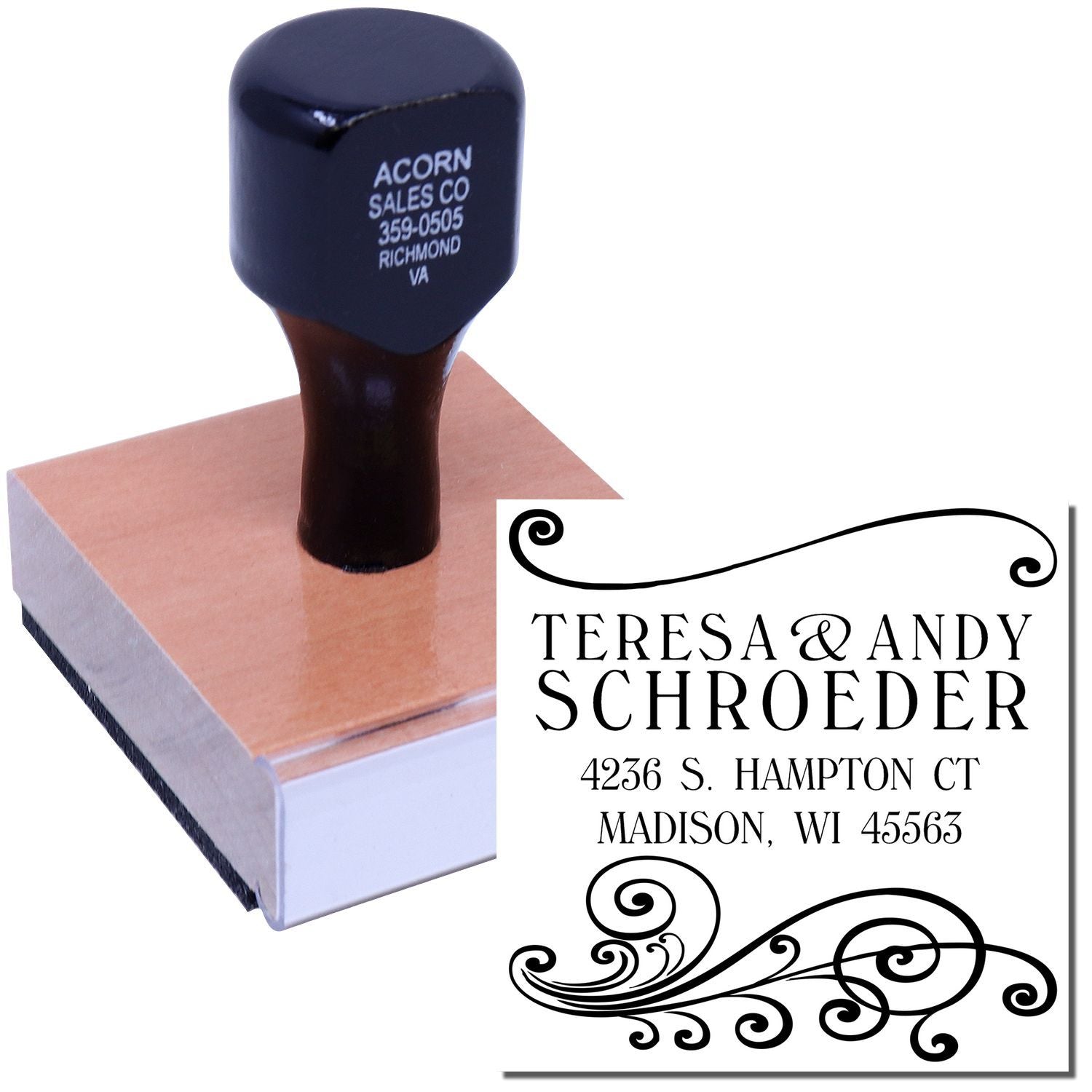 Custom rubber address stamp with ornate monogram and return address imprint for personalized mail.