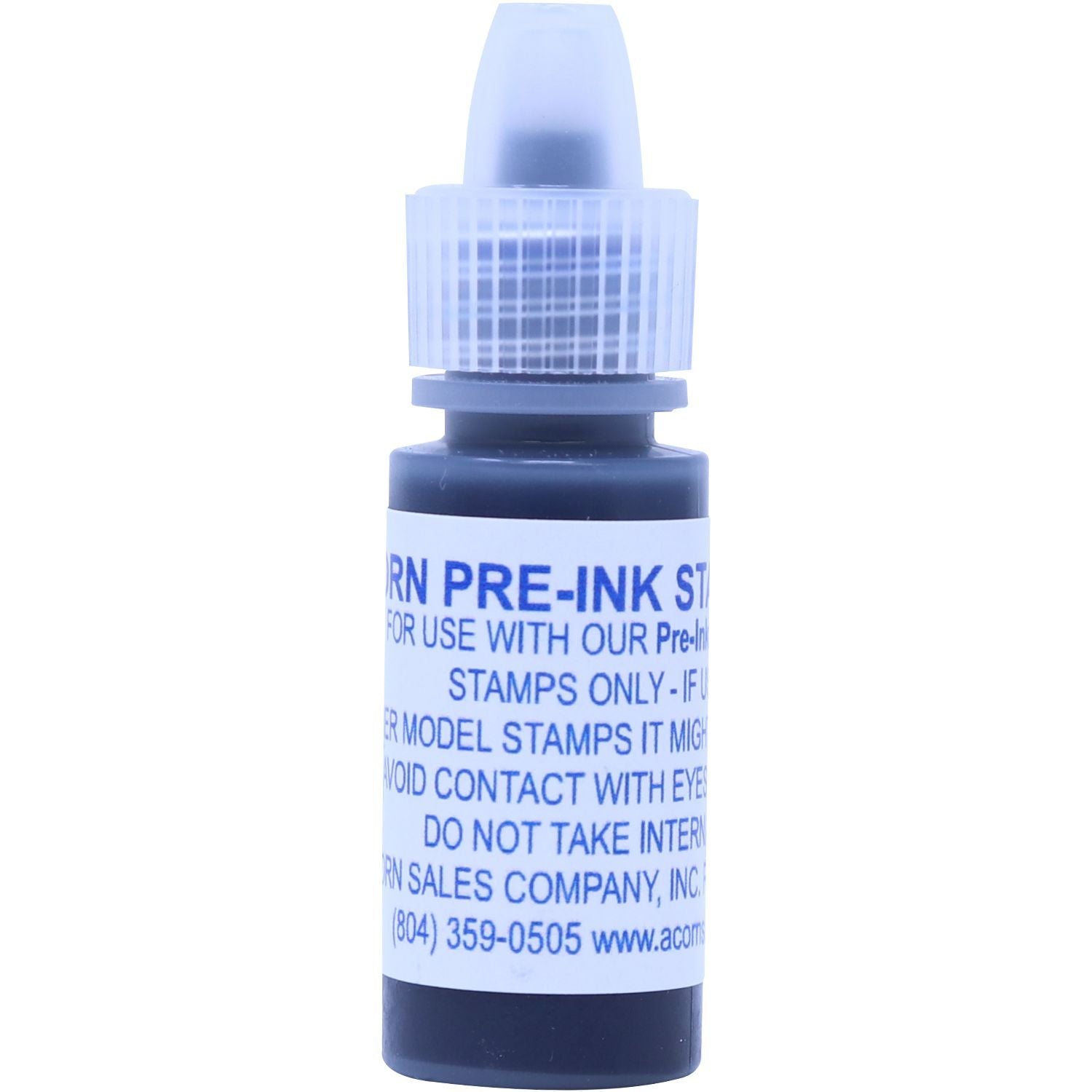 Blue pre-ink stamp ink refill bottle for rubber and pre-inked stamps, isolated on white background.