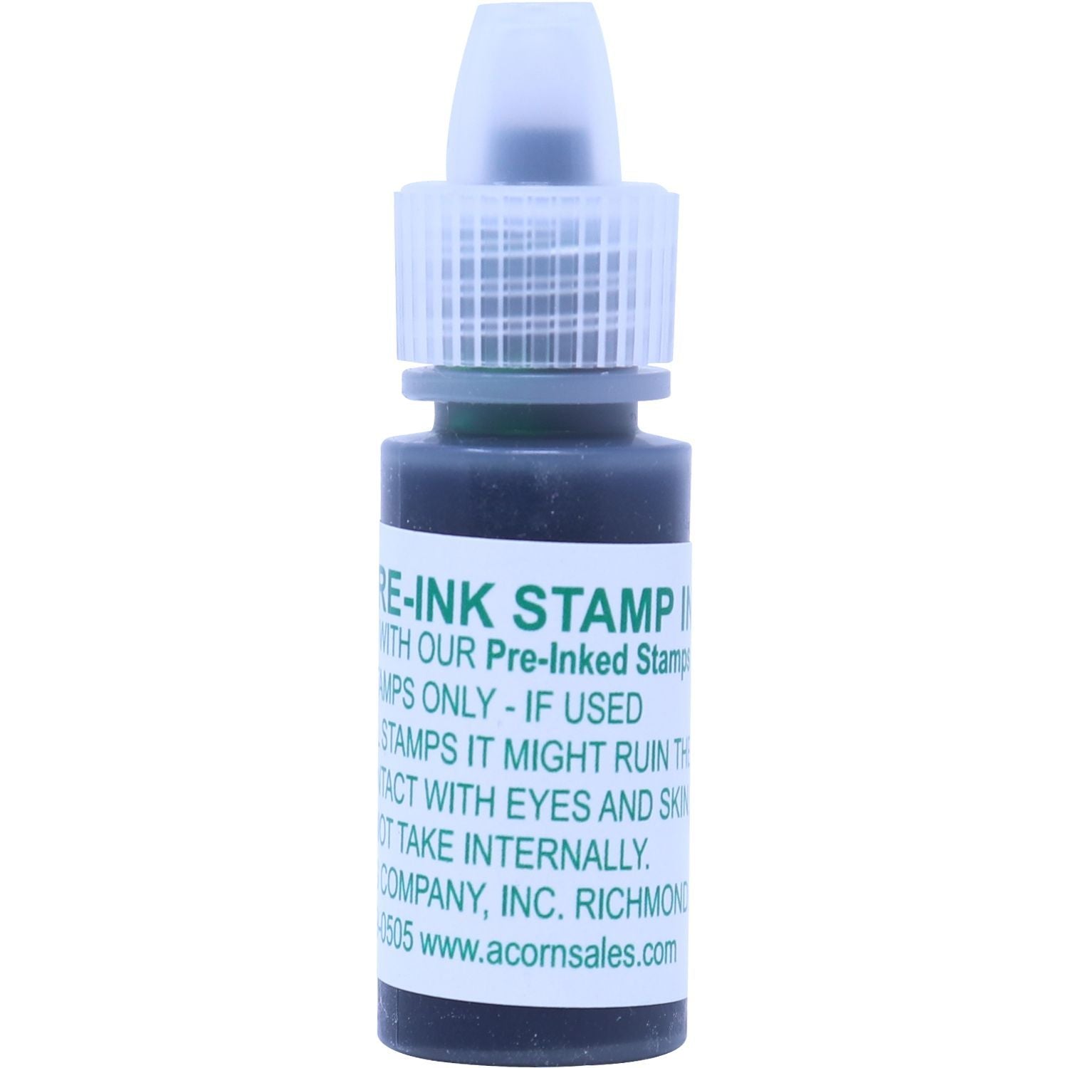 Pre-inked stamp refill ink bottle for rubber stamps, isolated on white background.