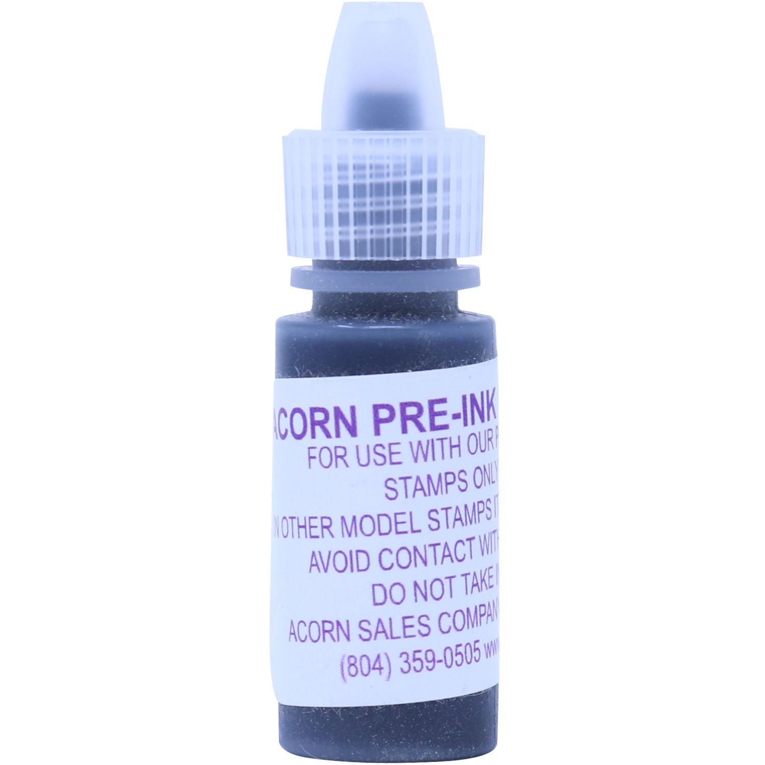 Acorn pre-ink bottle for rubber stamps, black stamp ink refill with dropper cap on white background