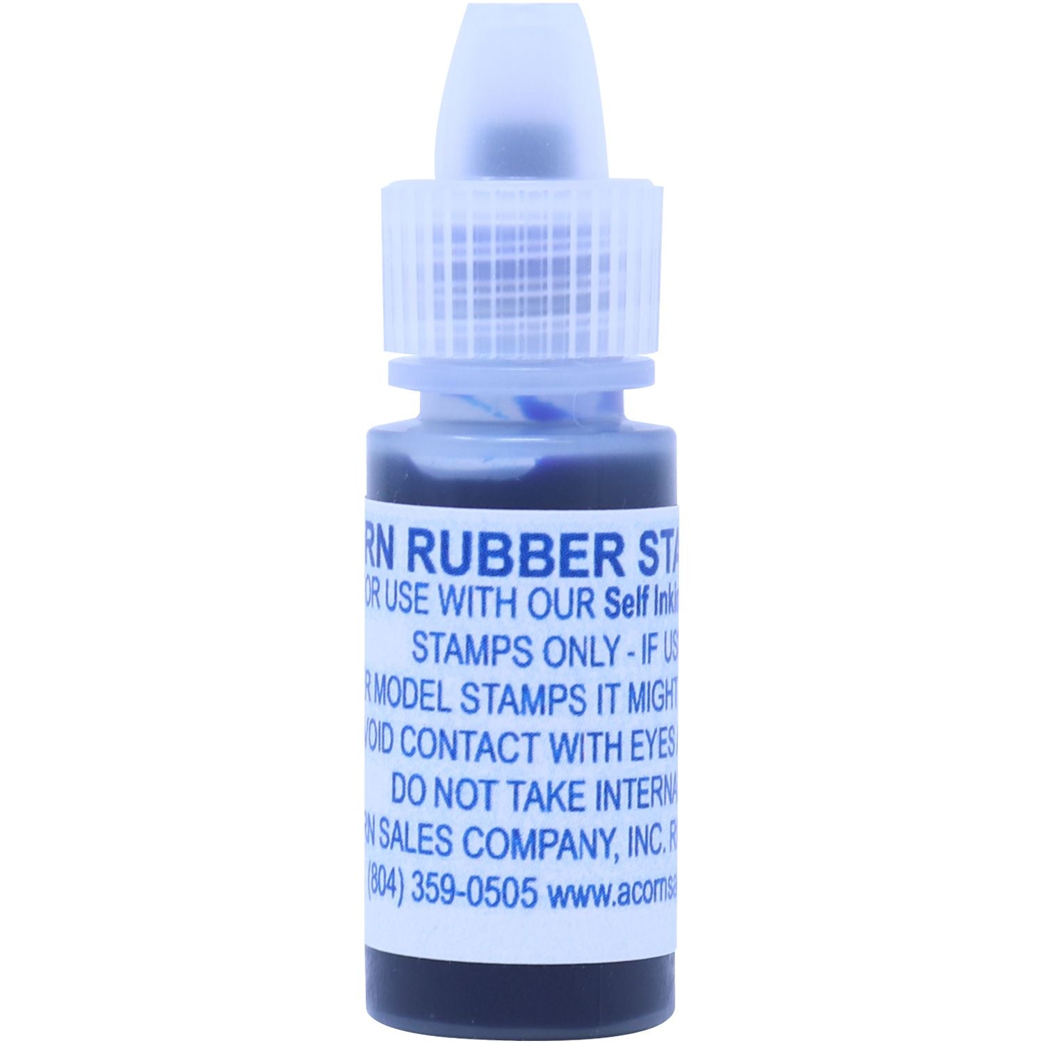 Blue rubber stamp ink refill bottle for self-inking stamps on white background