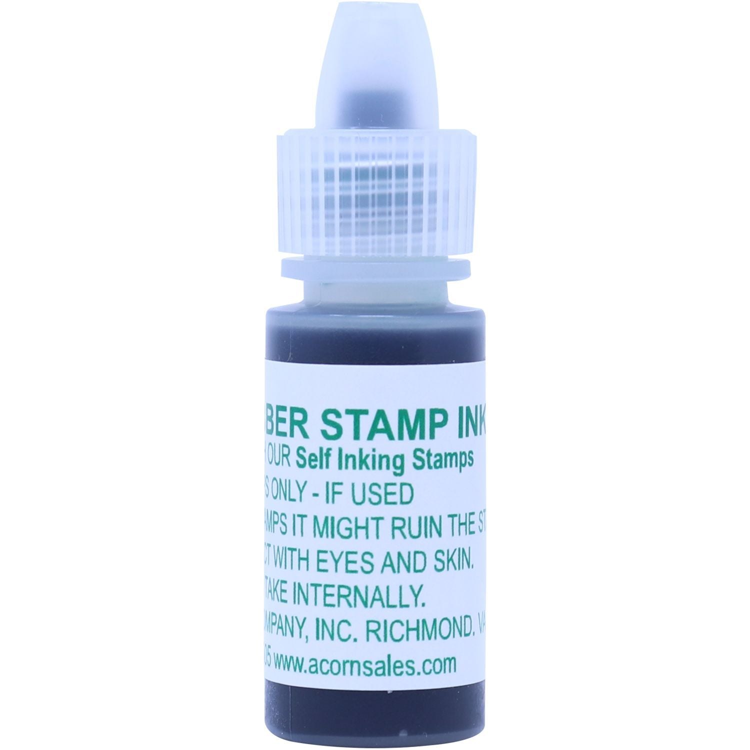 Blue self-inking stamp ink bottle with applicator cap on a white background.