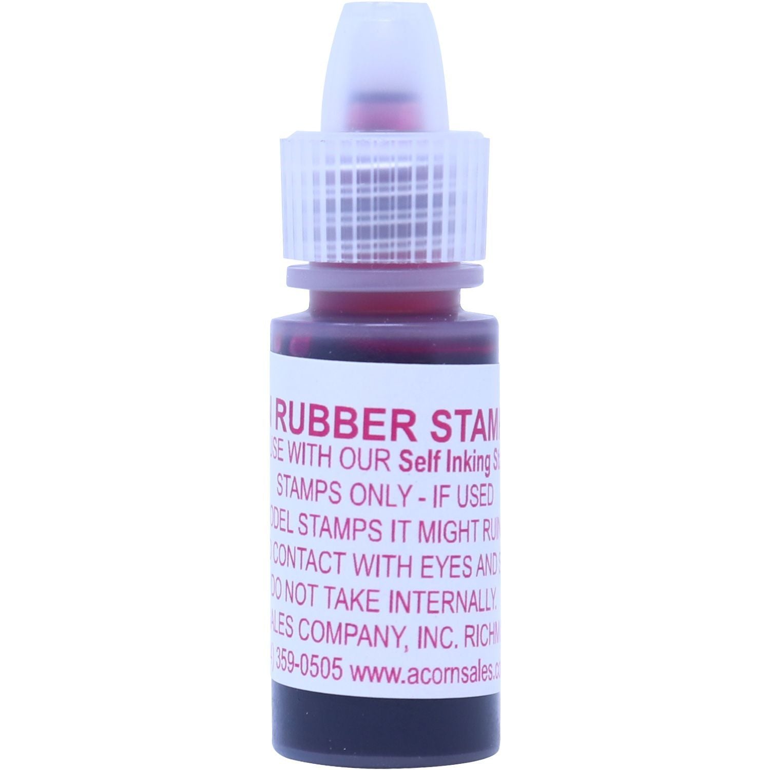 Rubber stamp ink refill bottle for self-inking stamps on a white background.