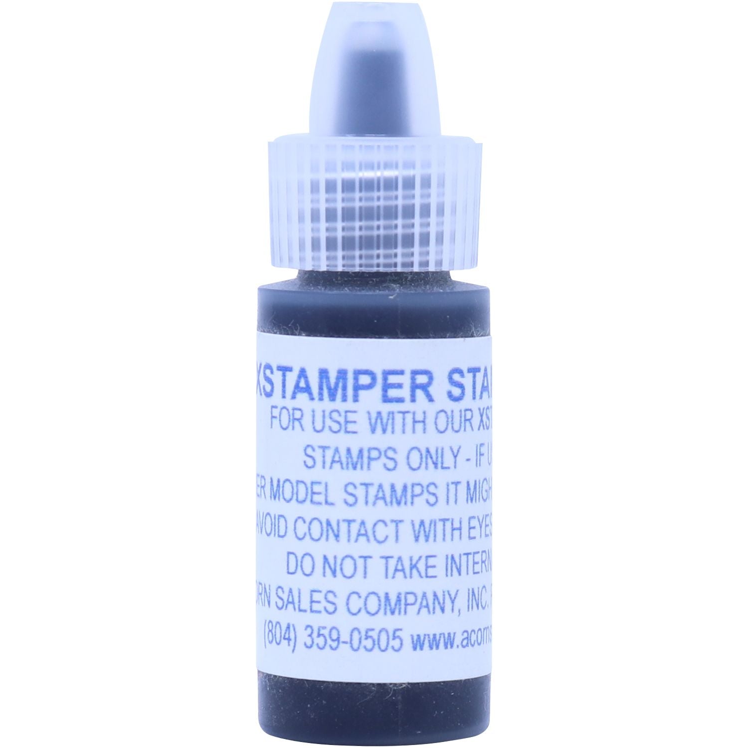 Blue stamp ink bottle with dropper cap, isolated on white background.