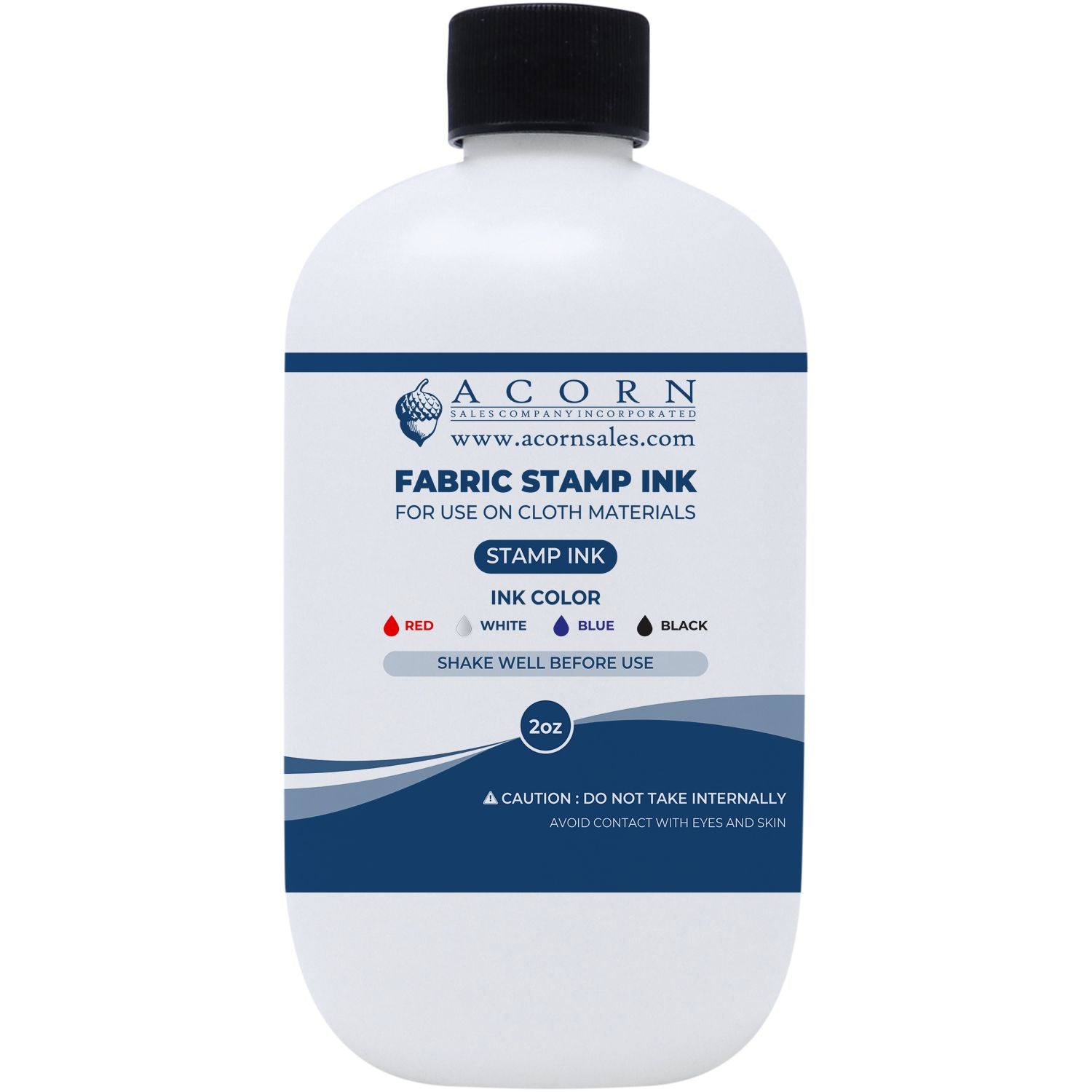 Acorn Fabric Stamp Ink 2oz bottle for cloth materials, white ink with black cap on white background