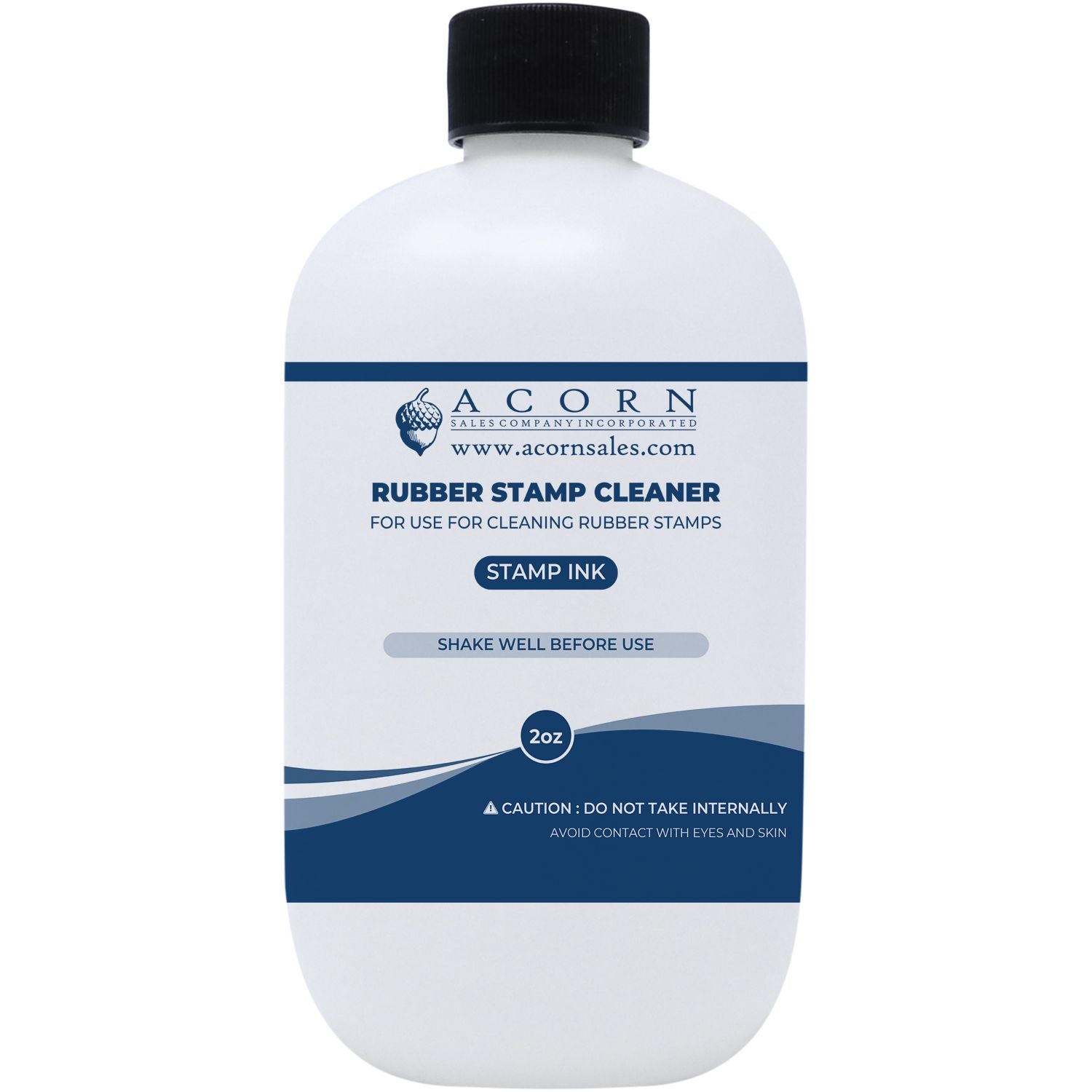 Acorn Sales 2 oz rubber stamp cleaner bottle for removing stamp ink, white plastic bottle with black cap on a white background.