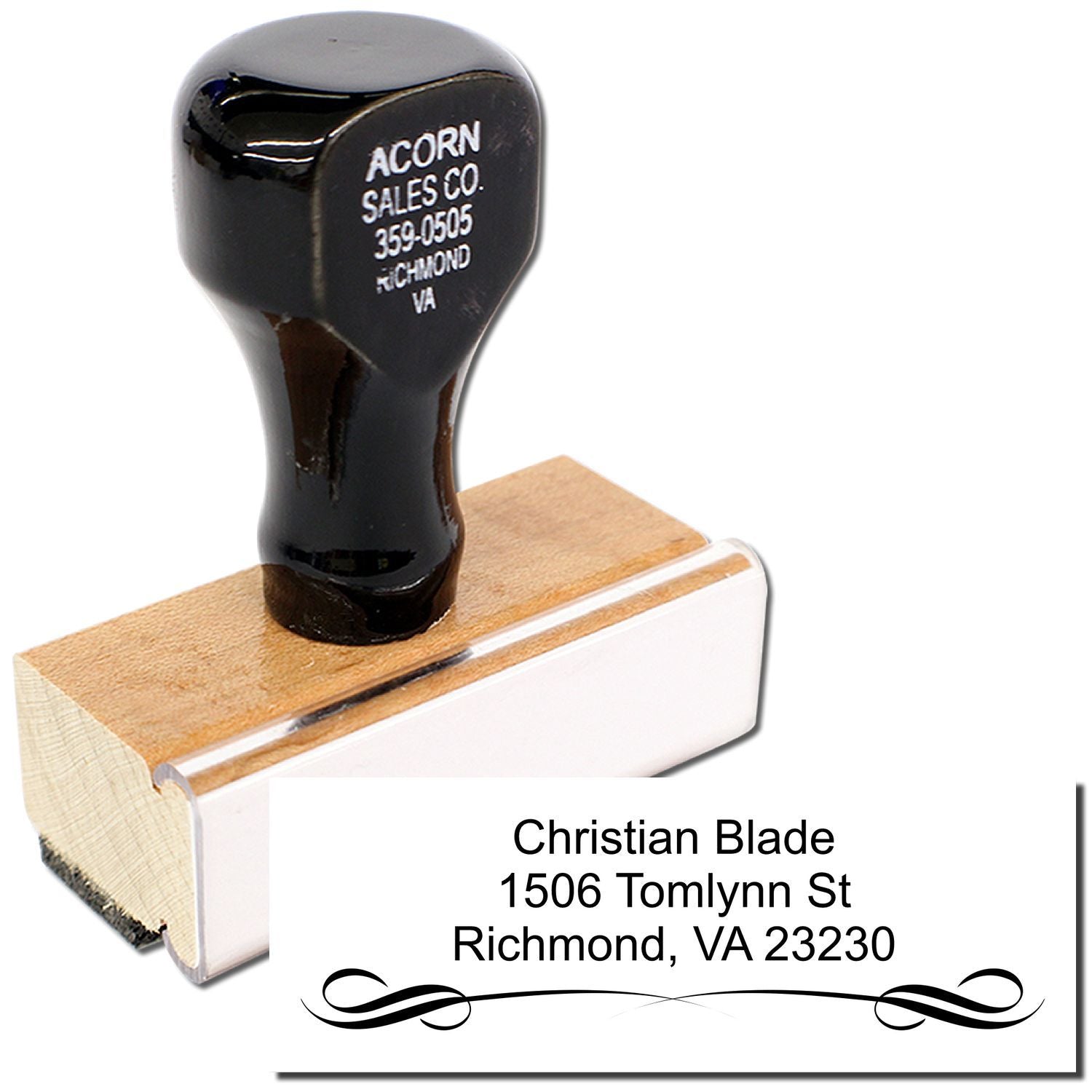 Custom wooden address rubber stamp for Christian Blade, Richmond, VA 23230, ideal for mailing envelopes and business correspondence.