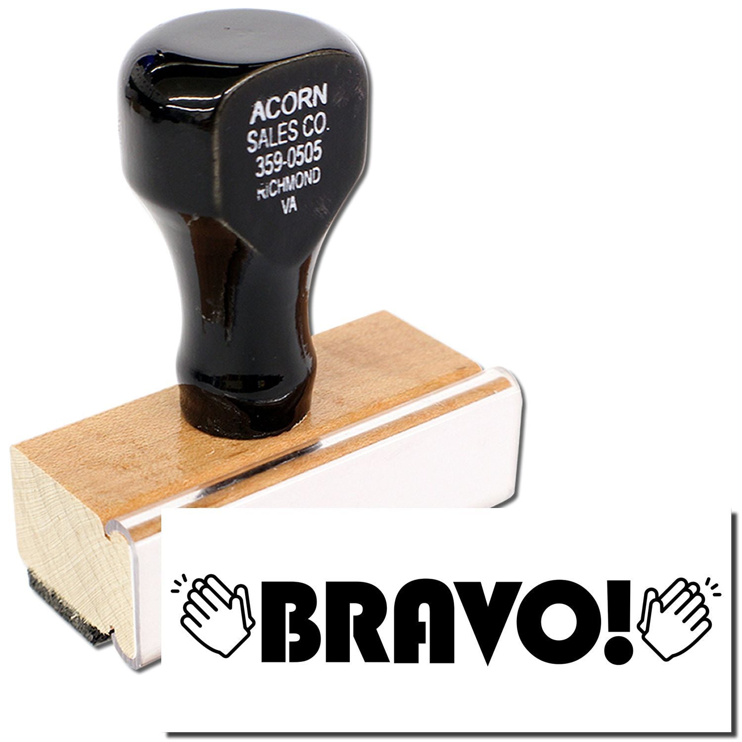 Acorn Sales Co. branded black golf club head on wood block with BRAVO! banner, promotional golf accessory image.