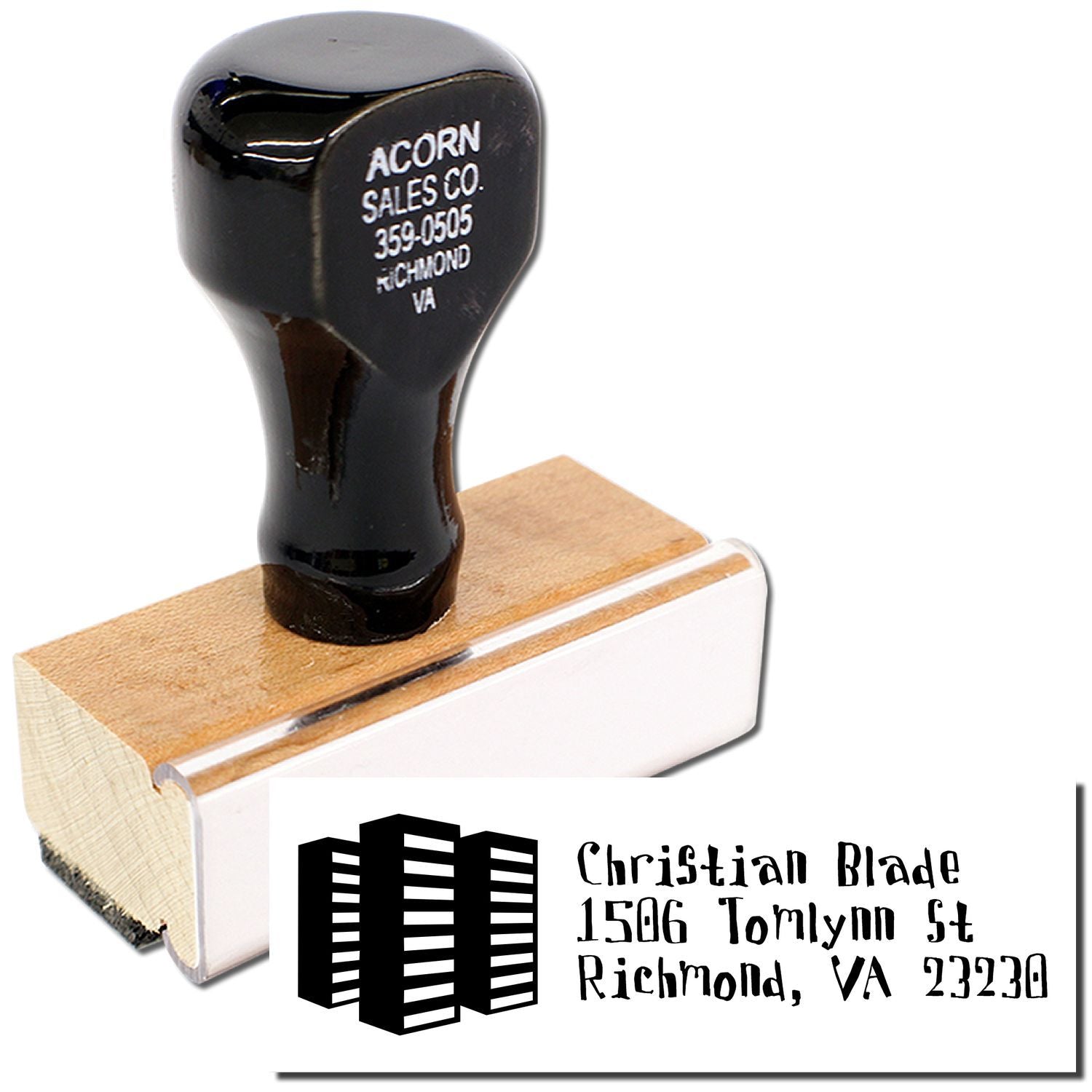 Custom wooden return address rubber stamp with logo for Christian Blade, Richmond, VA 23230
