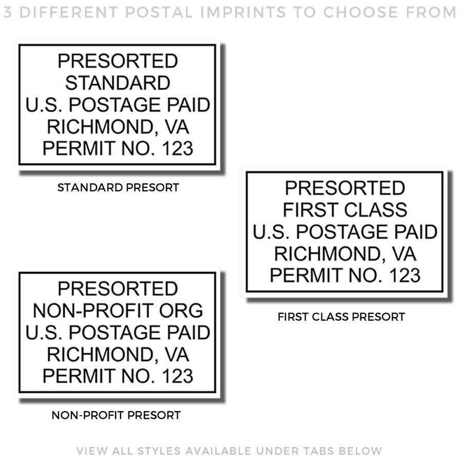 Examples of USPS presorted postage imprint options: Standard, First-Class, and Nonprofit; permit No. 123, Richmond, VA.