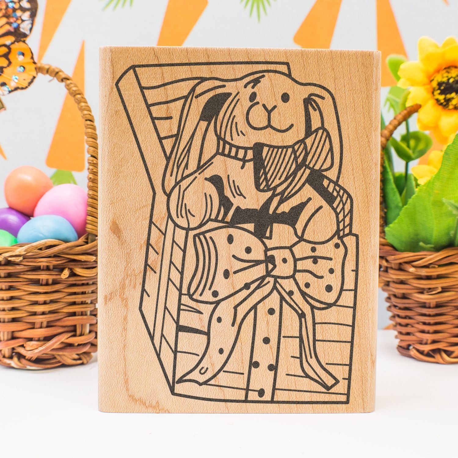 Wooden Easter bunny stamp with spring flowers and colorful eggs for ??????????? craft decor
