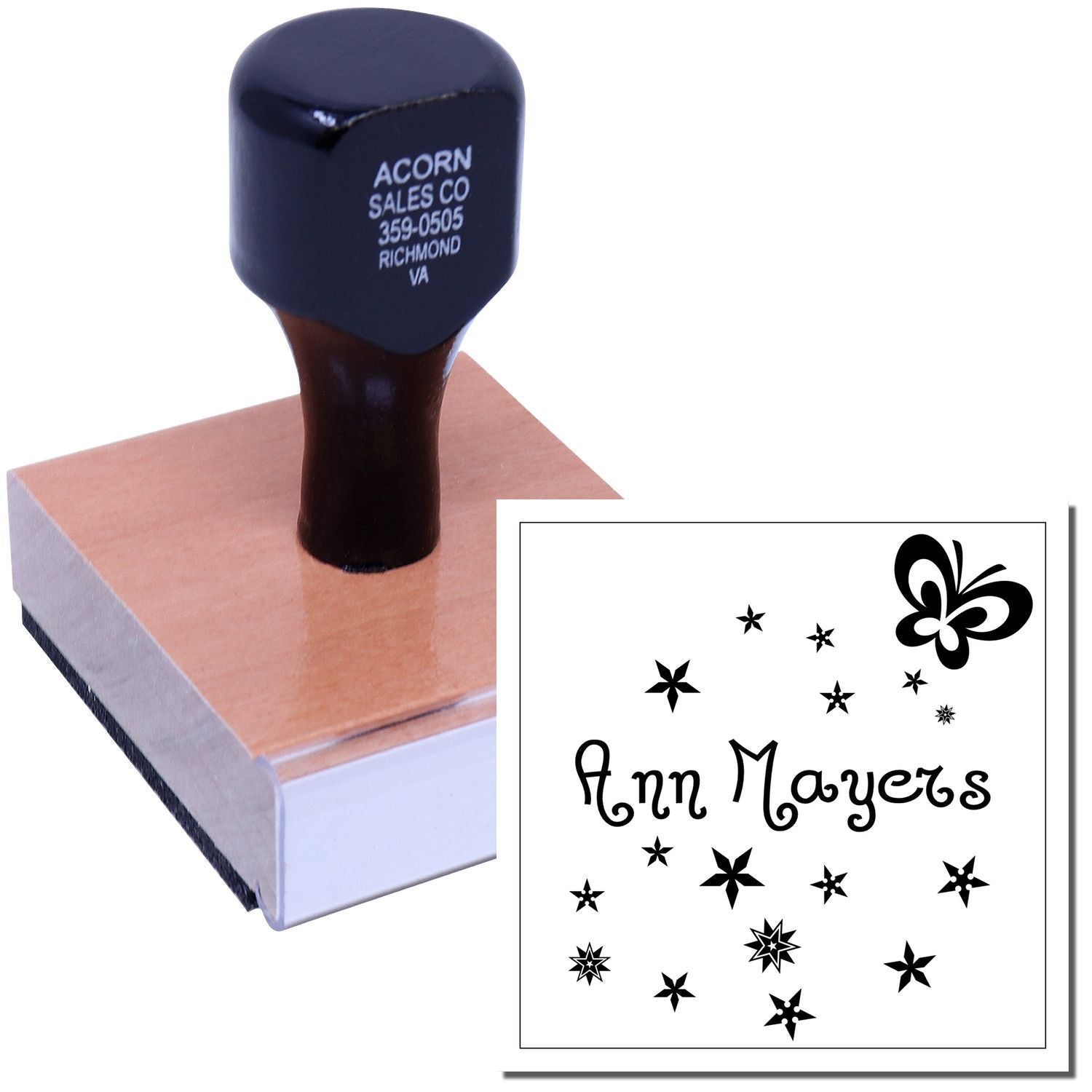 Custom rubber stamp with wooden handle, showing Ann Mayers name, stars, and butterfly imprint for personalized branding.