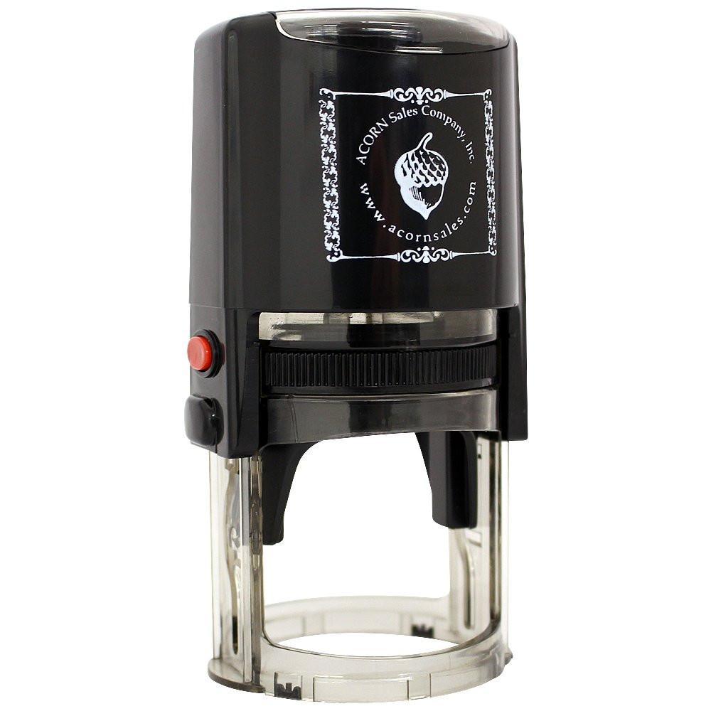 Custom self-inking rubber stamp with Acorn Sales logo, ideal for fast business branding and repeated stamping.