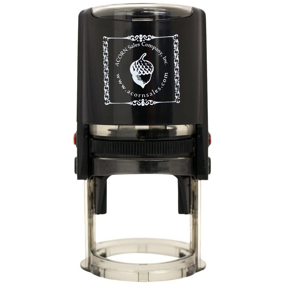 Black self-inking custom rubber stamp with logo for business branding, office documents, and personalized marking.