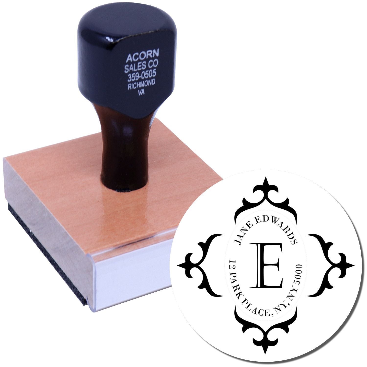 Custom monogram rubber stamp for personalized address labels, wedding stationery, and business branding.