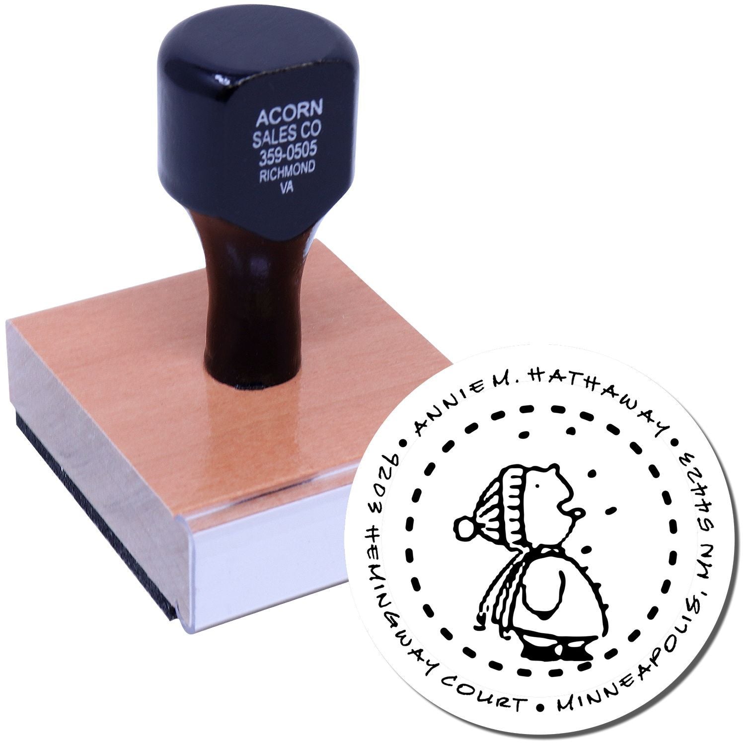 Custom rubber stamp with wood mount and round seal design for business branding and paperwork.