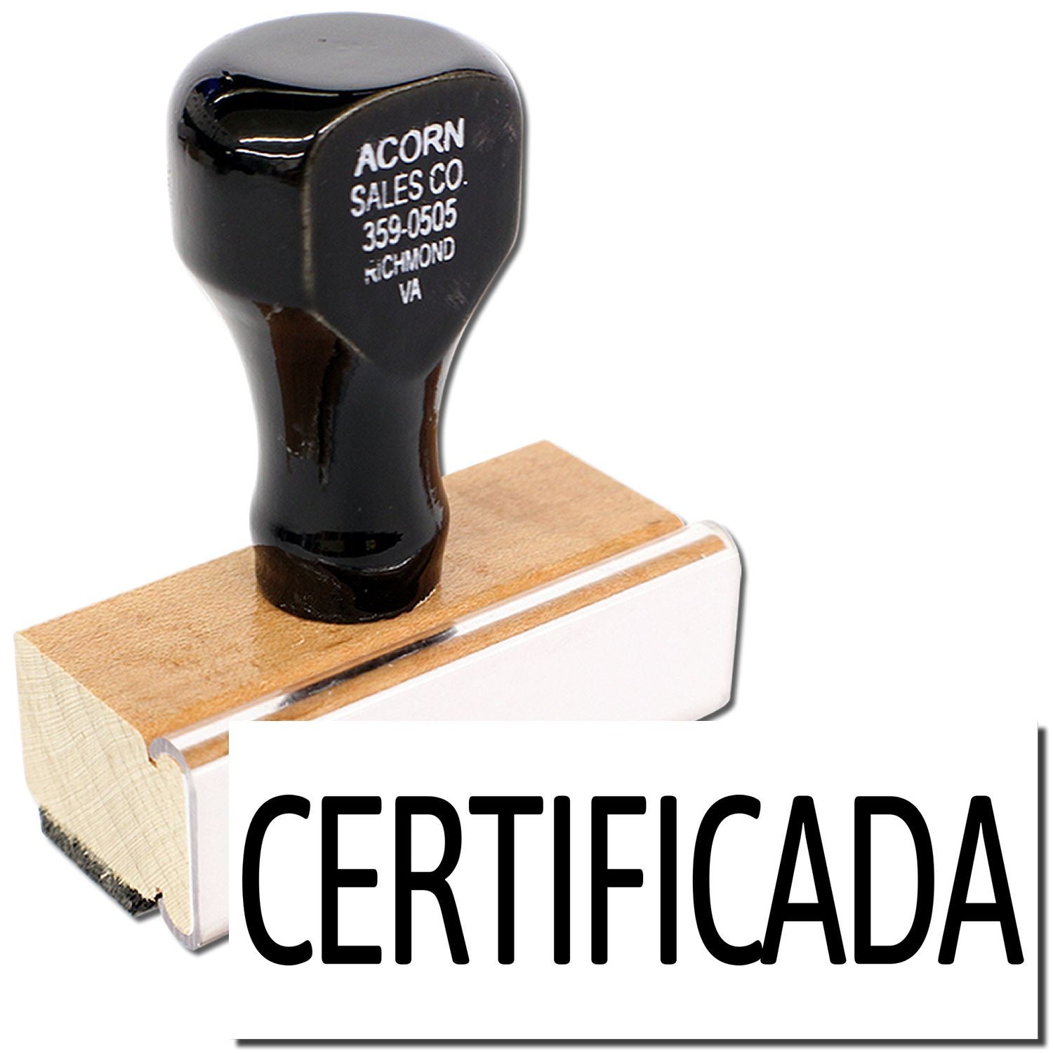 Certified Acorn Sales Co product label on wooden block, featuring black tool component for repairs or replacements.