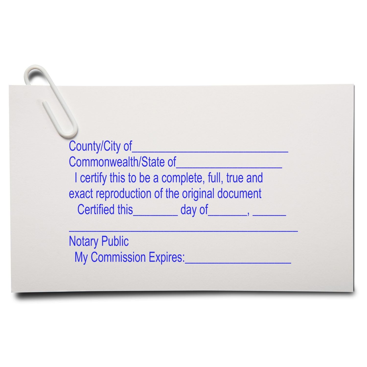 Notary public certified copy form with paperclip on white document, legal document verification template