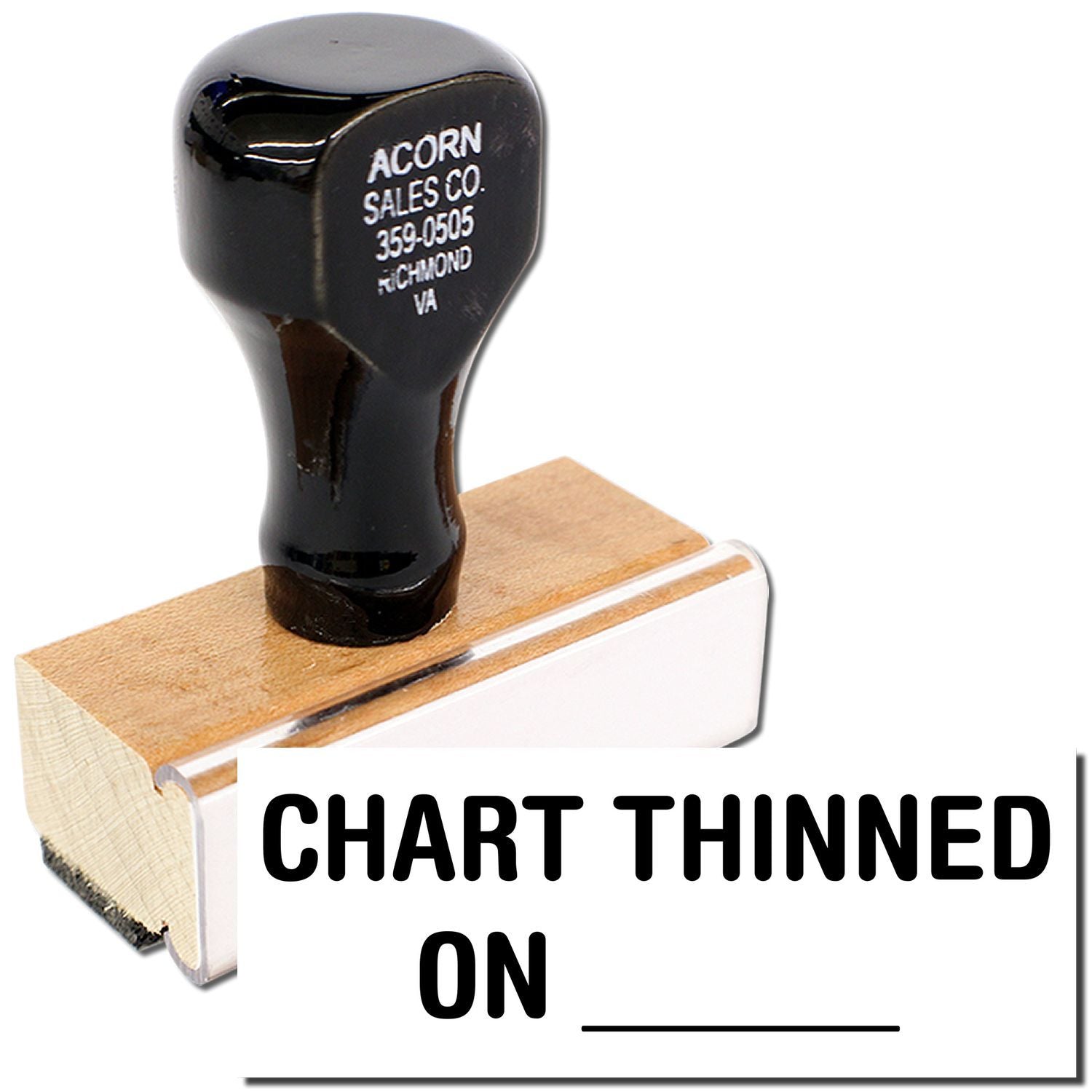 Acorn Sales Co. rubber stamp on wooden block labeled CHART THINNED ON, showing chart thinning marking product.